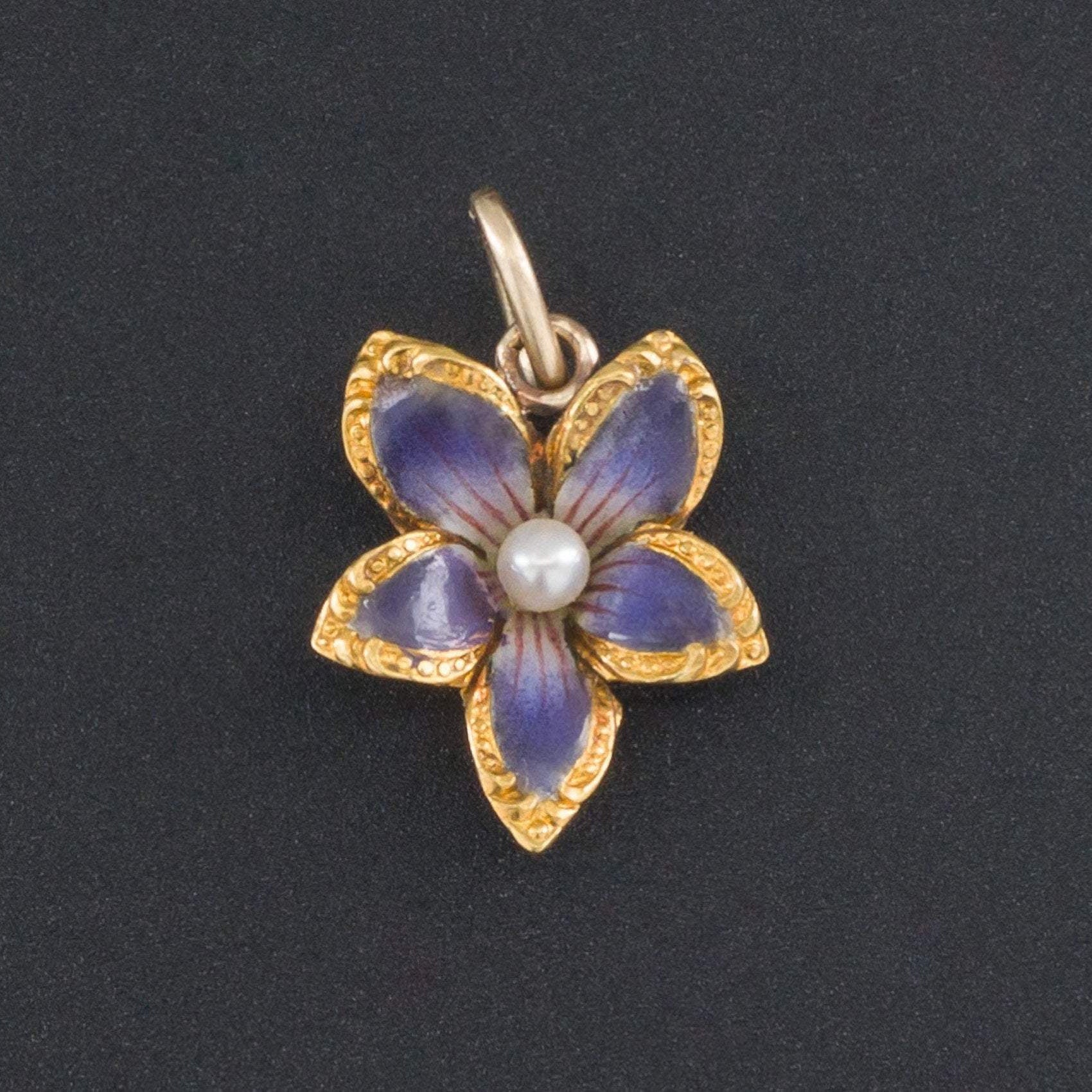 Violet Charm | Antique Enamel Violet with Pearl | 14k Gold Charm | Antique Flower Charm