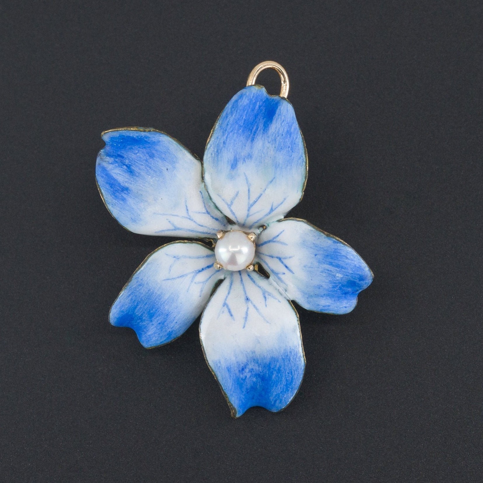 Blue Violet Brooch or Pendant | Vintage Blue Violet Flower | Blue Enamel Flower with Pearl | 14k Gold Pendant or Brooch