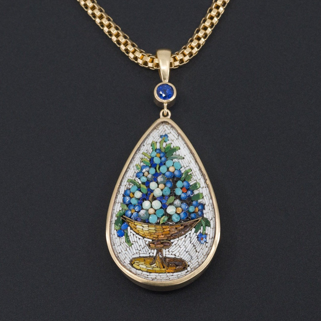 Antique Micromosaic Pendant | Antique Forget-Me-Not Flower Pendant with Sapphire-Trademark Antiques
