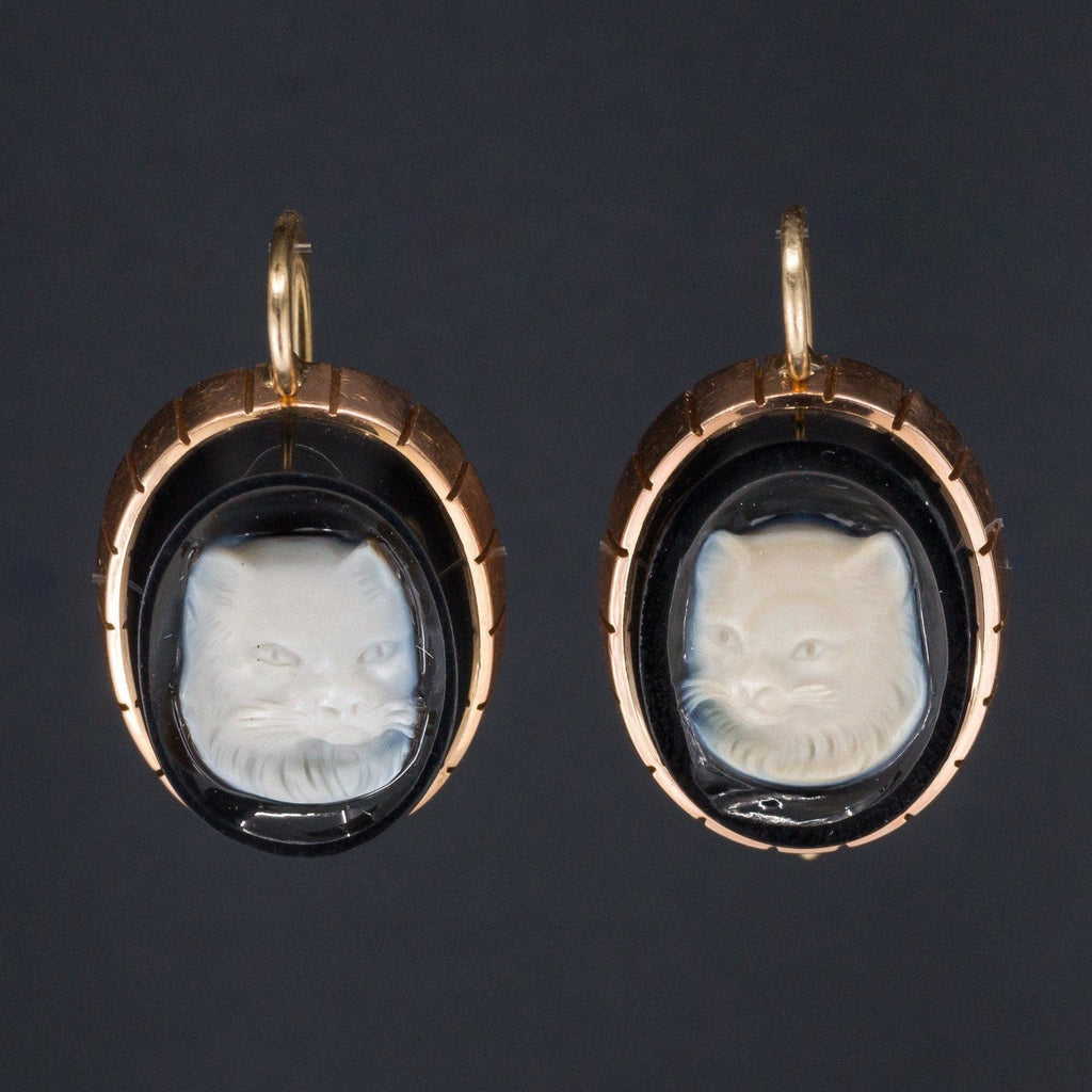 Antique Agate Cat Earrings of 14k Gold - Trademark Antiques