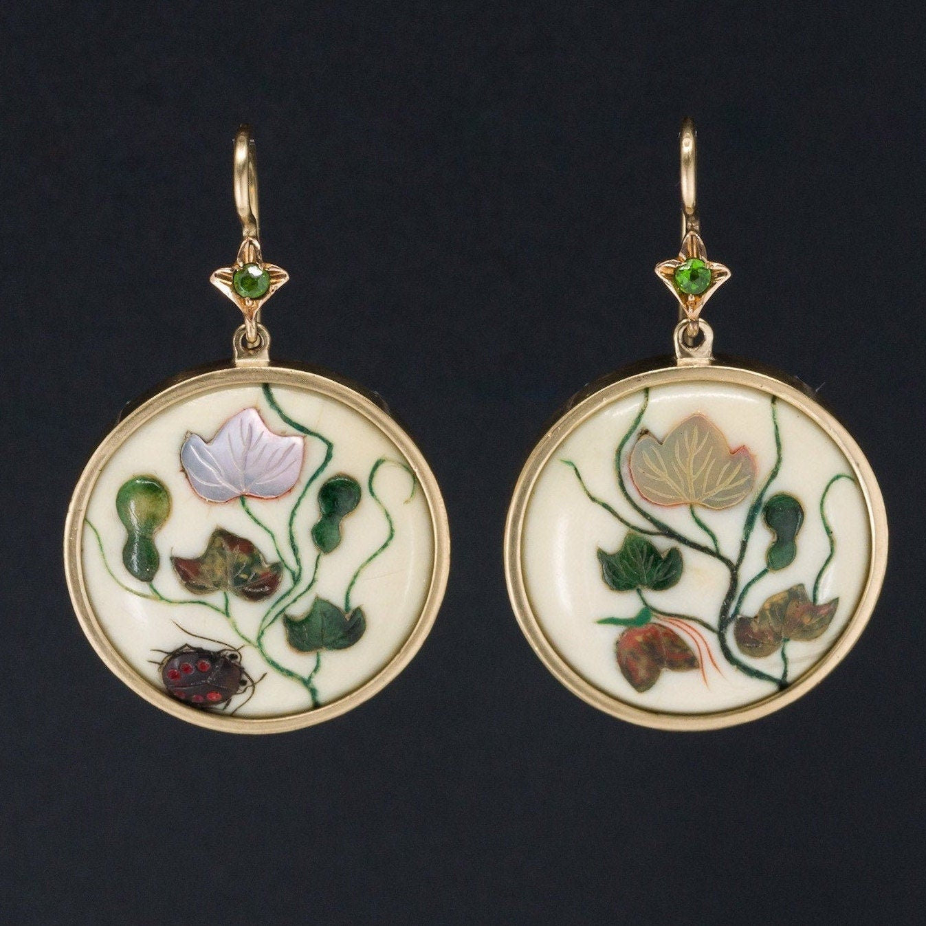 Shibayama Flower Earrings | 14k Gold Earrings with Demantoid Garnets 