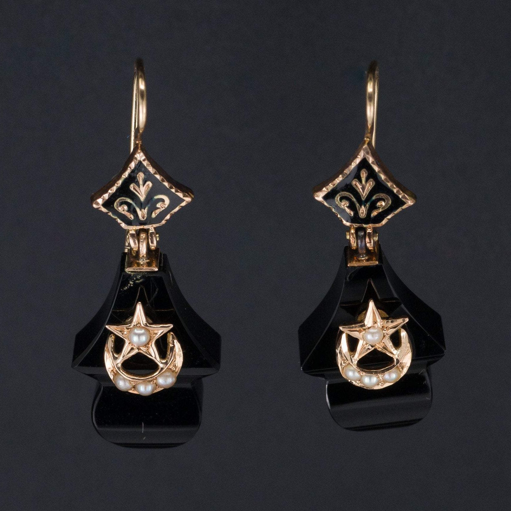 Antique Onyx Earrings | Antique Crescent Moon & Star Earrings | Onyx Earrings | 14k Gold Earrings | Victorian Earrings | Antique Earrings