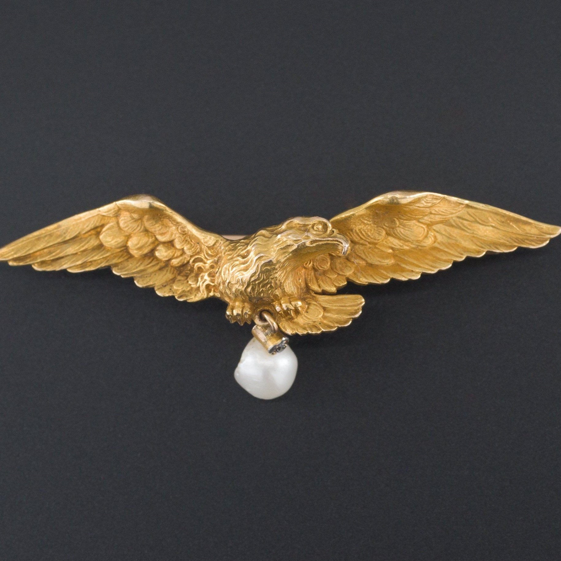 Antique Eagle Brooch | 18k Gold Eagle Brooch | Antique Bird Brooch | Antique 18k Gold Brooch with Diamond & Pearl