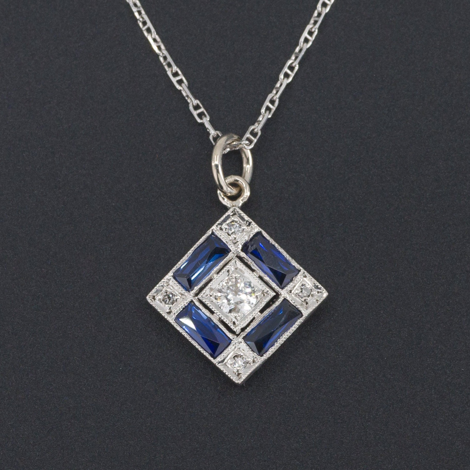 Art Deco Diamond Pendant with Synthetic Sapphires | Stick Pin Conversion Pendant | 14k White Gold Pendant on 14k Chain | Bridal Necklace