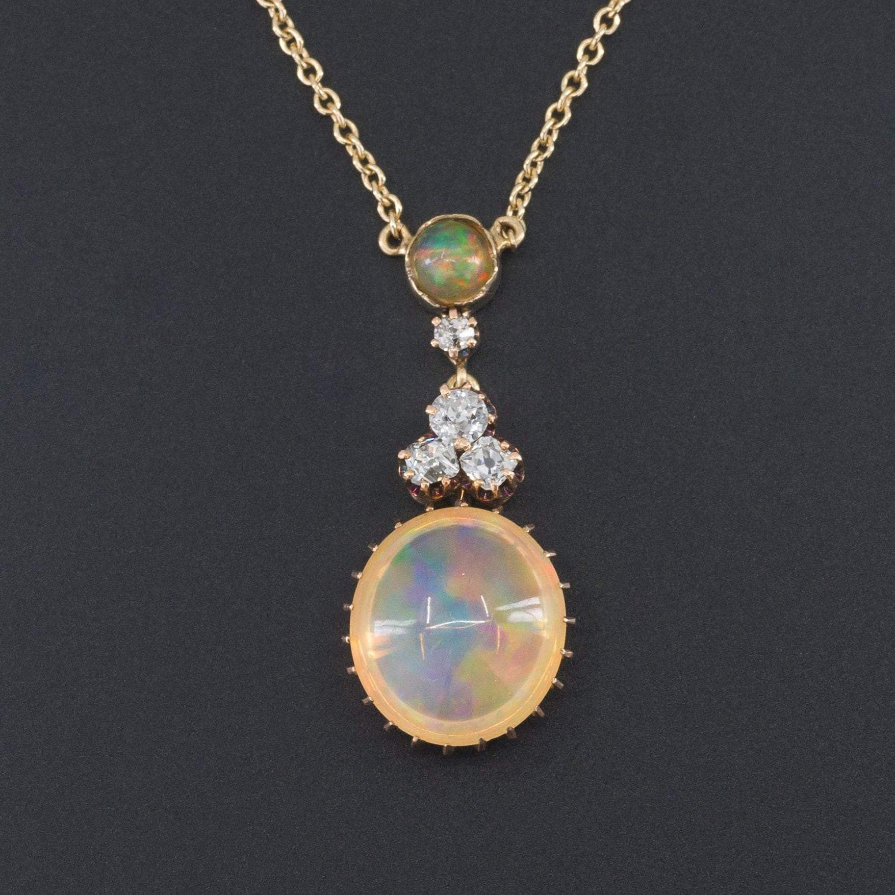 Opal & Diamond Necklace | 14k Gold Crystal Opal and Diamond Necklace 