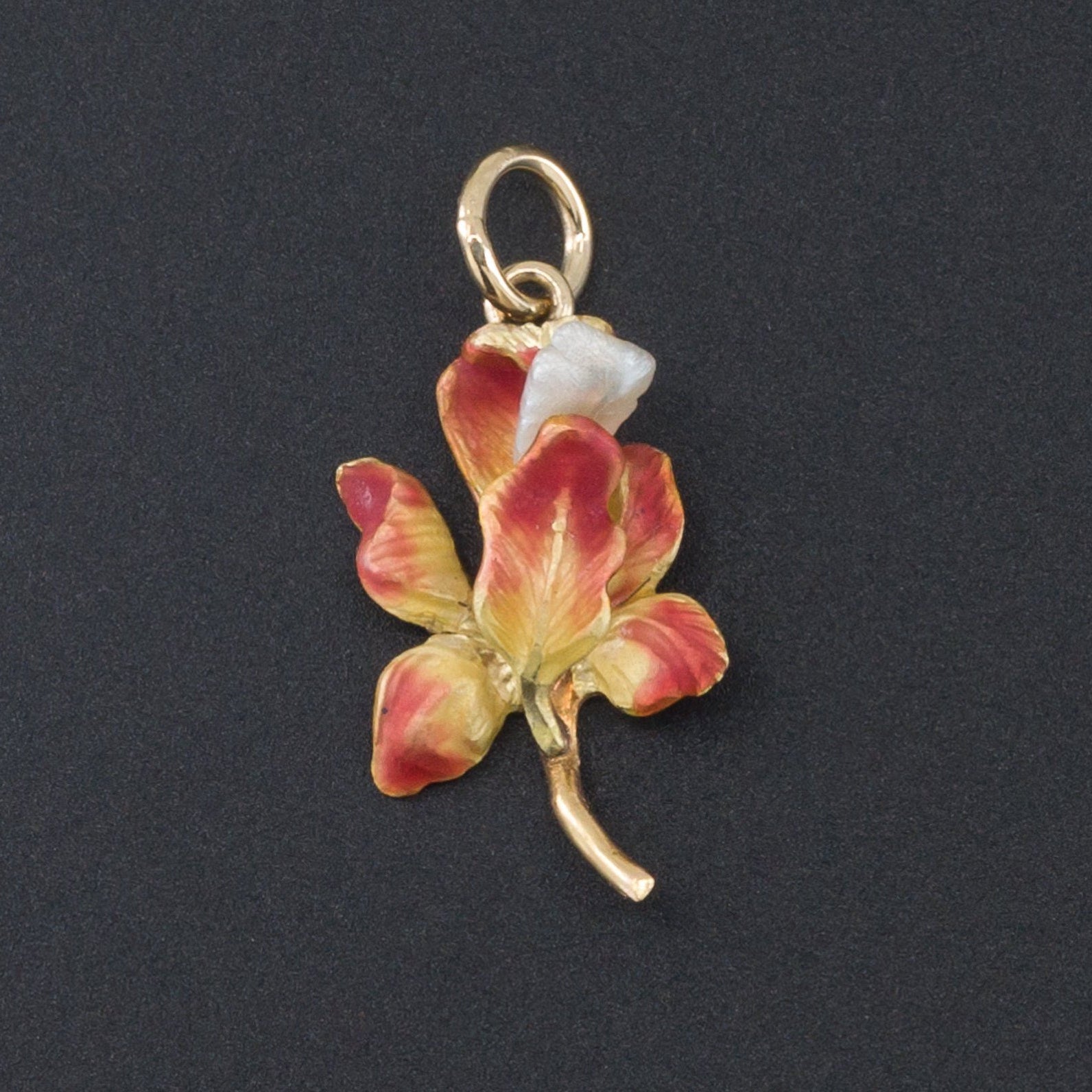 14k Gold & Enamel Iris Charm | Iris Flower Charm | Antique Pin Conversion | Iris Charm with Pearl
