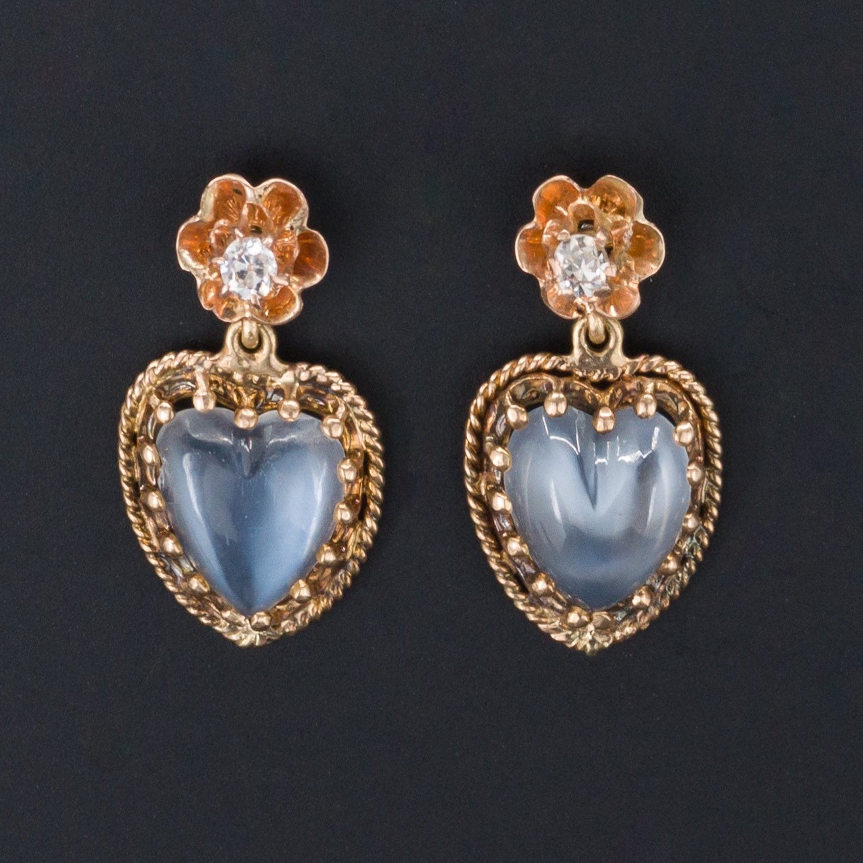 Moonstone Heart Earrings | Moonstone & Diamond Earrings-Trademark Antiques