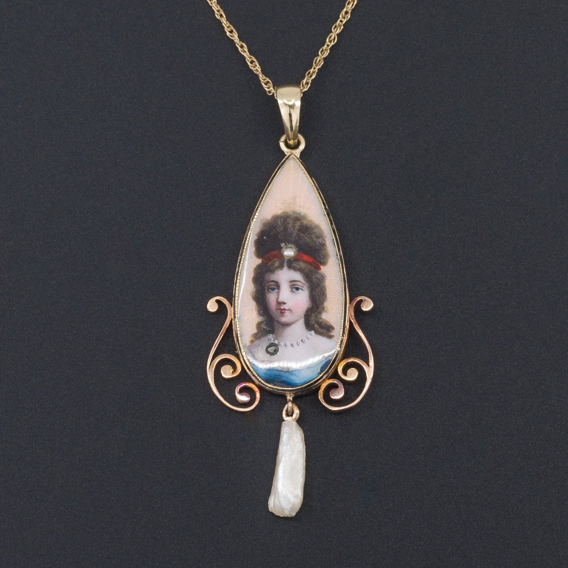 Limoges Style Enamel & Pearl Pendant | Antique Lavalier Pendant 