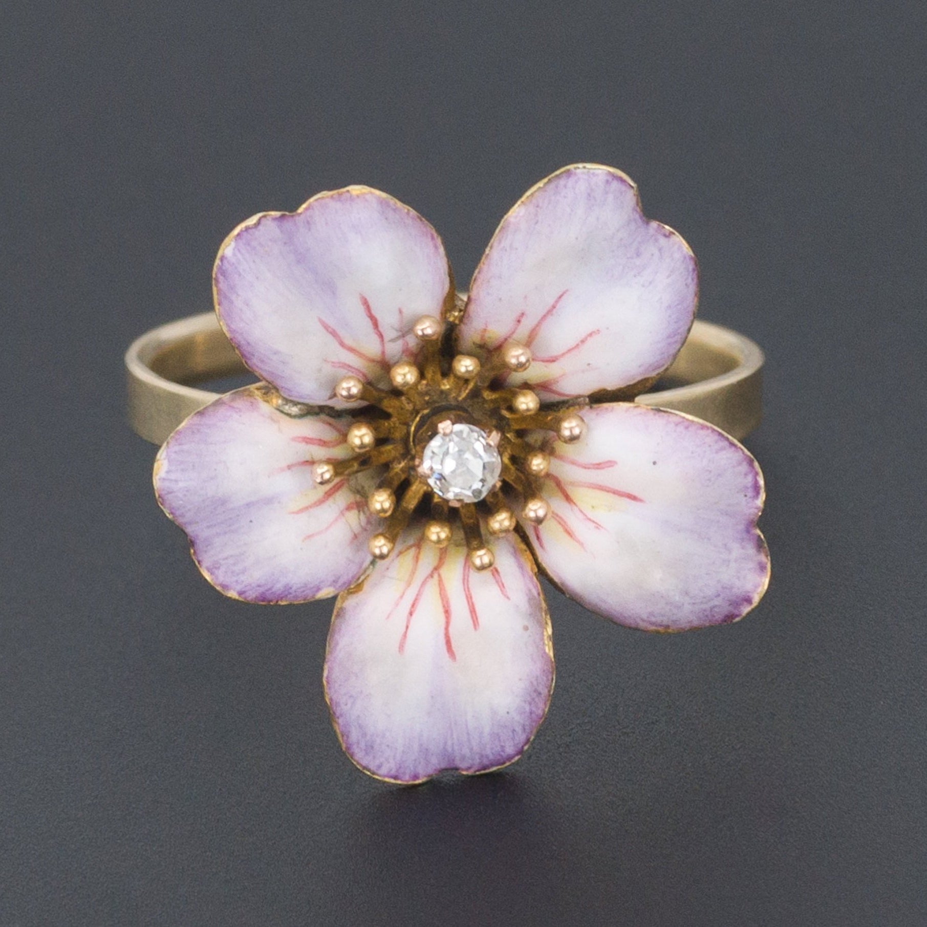 14k Gold Enamel and Diamond Flower Ring | Antique Pin Conversion Ring | 14k Gold Ring | Enamel Flower Ring | Diamond Ring