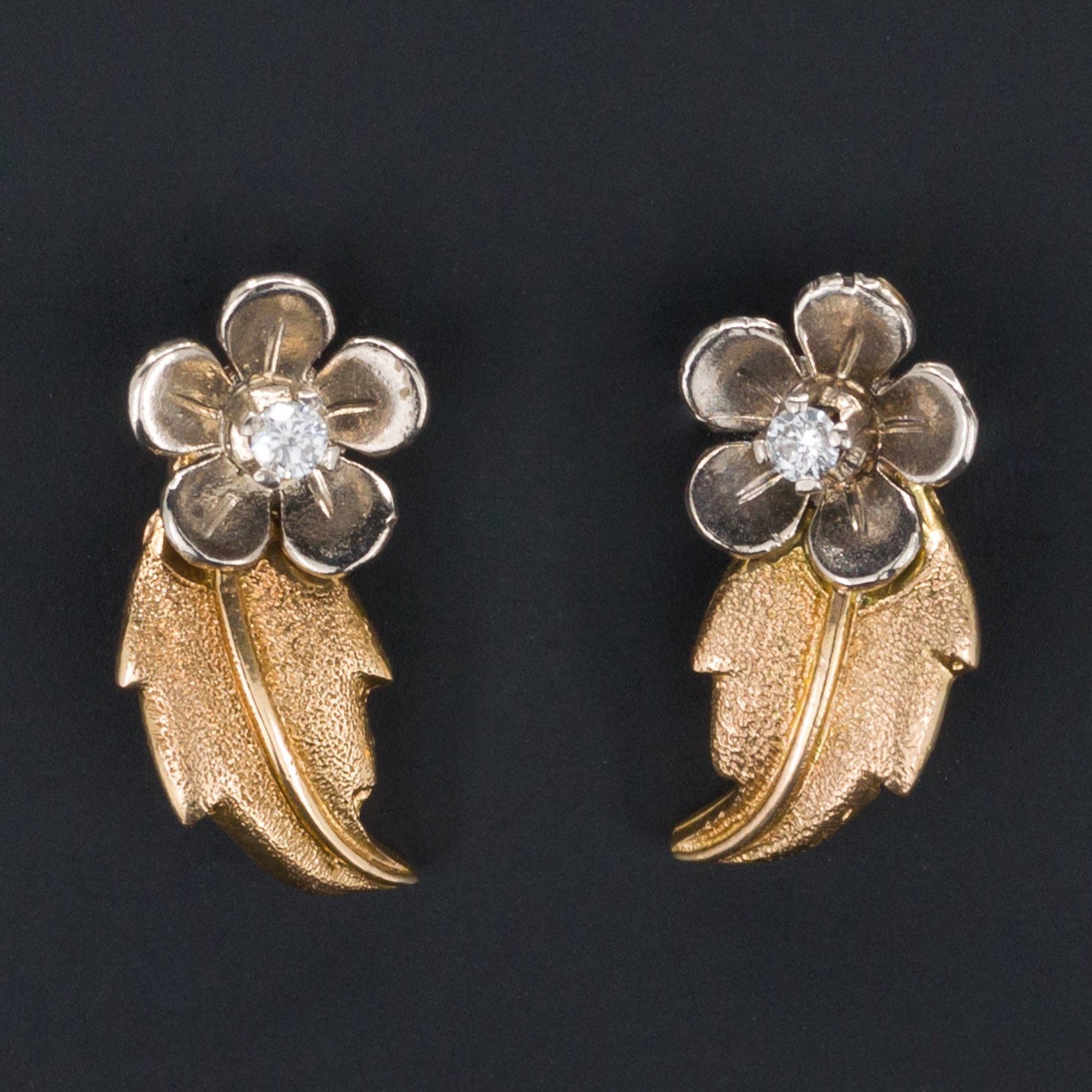 Flower Earrings | Diamond Flower Earrings | 14k White & Yellow Gold Earrings with Gold Filled Backs | Pin Conversion Earrings