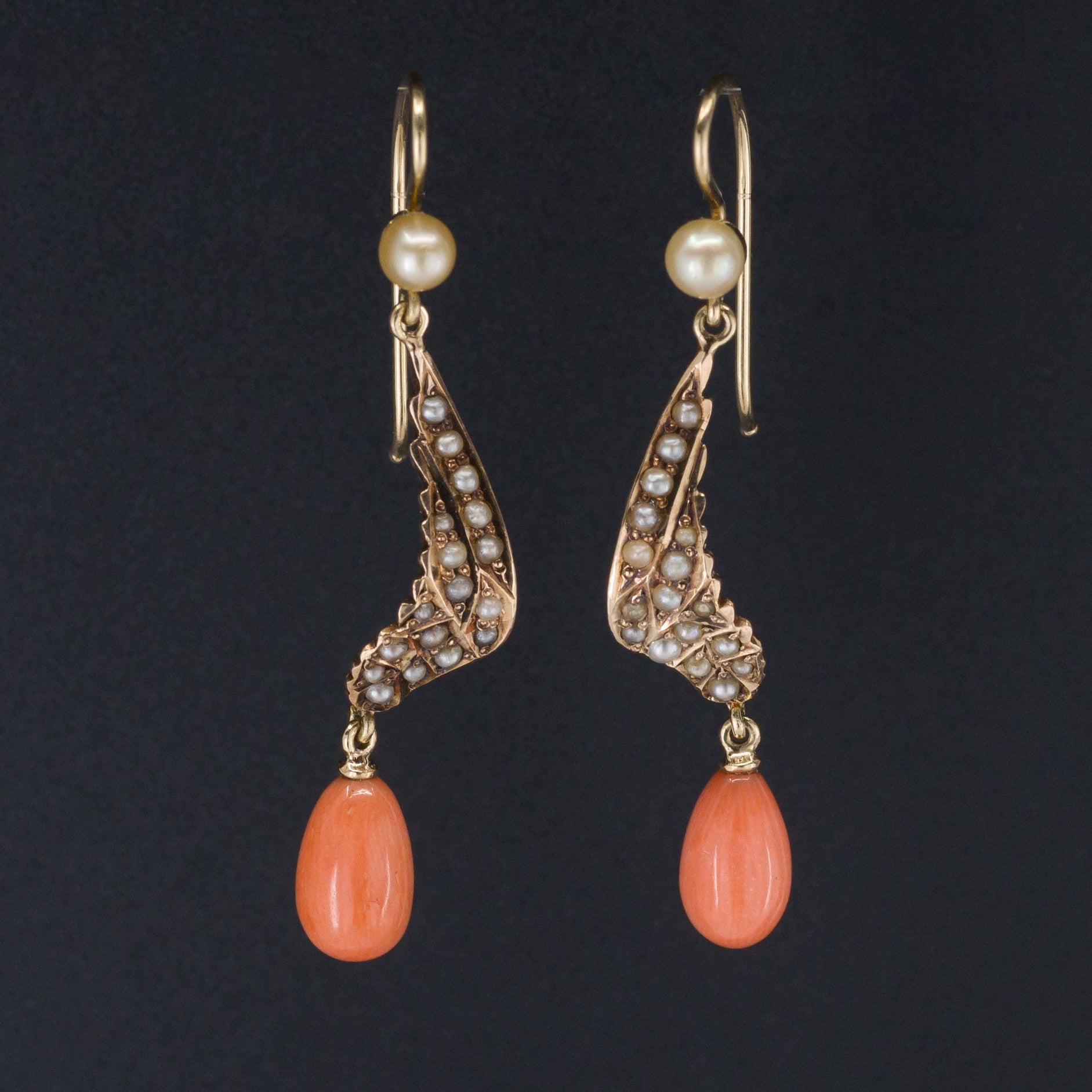 14k Gold Enamel Wing Earrings | Antique Pin Conversion Earrings | Pearl & Coral Earrings | 14k Gold Earrings | Dangle Earrings