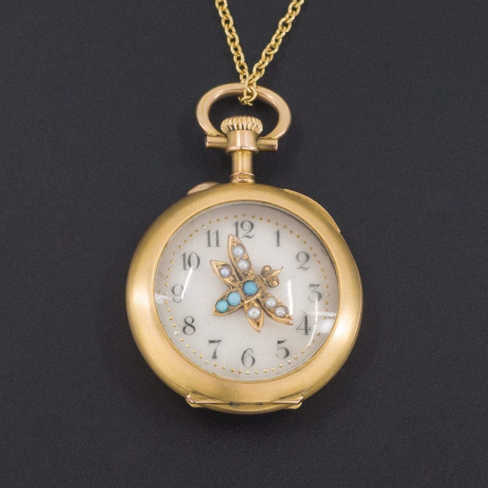 Time Flies Pendant | Antique Pocket Watch Locket With Pearl & Turquoise Insect 