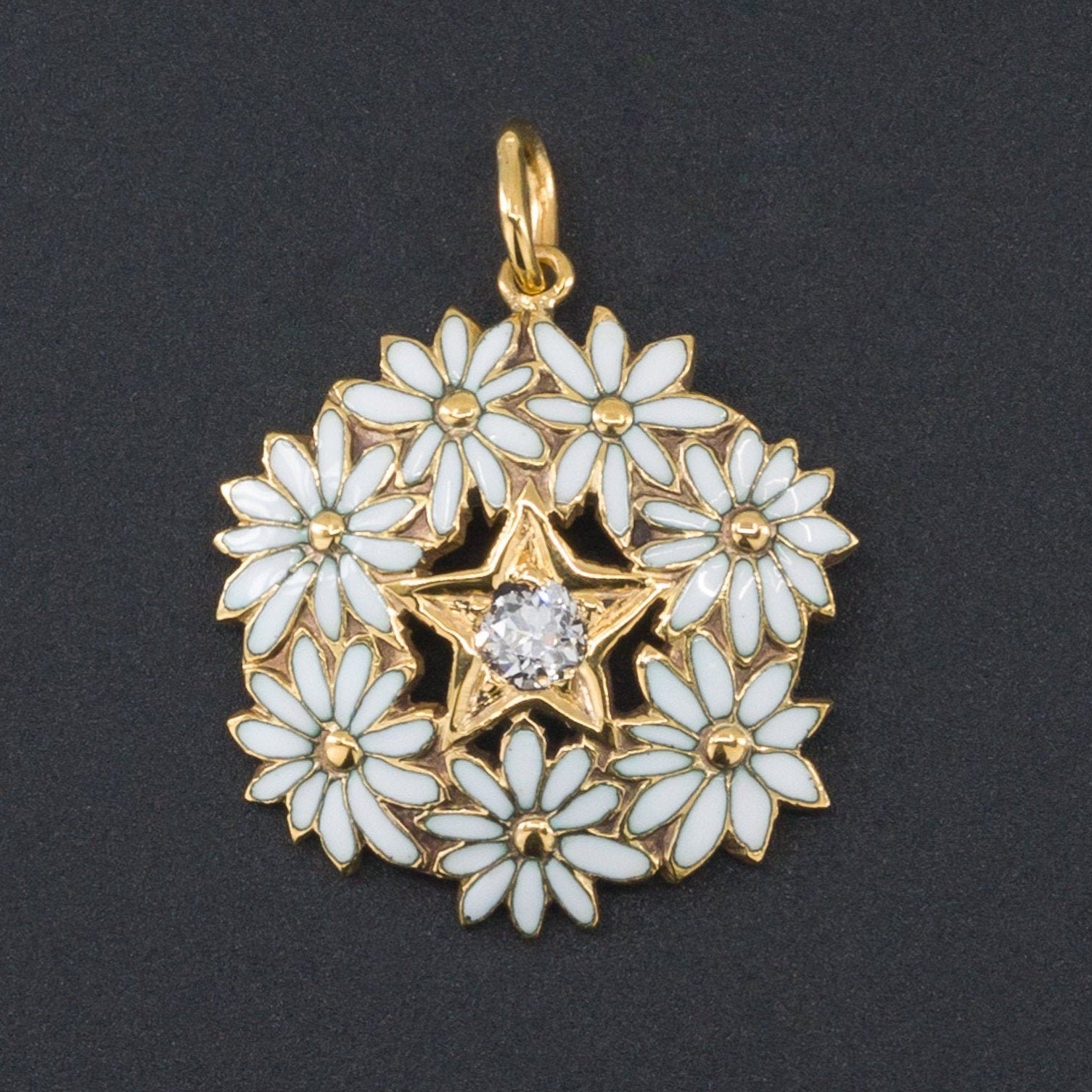 Daisy Pendant | Enamel & Diamond Flower Pendant | 14k Gold Pendant | Enamel Daisy Pendant | Vintage Pendant