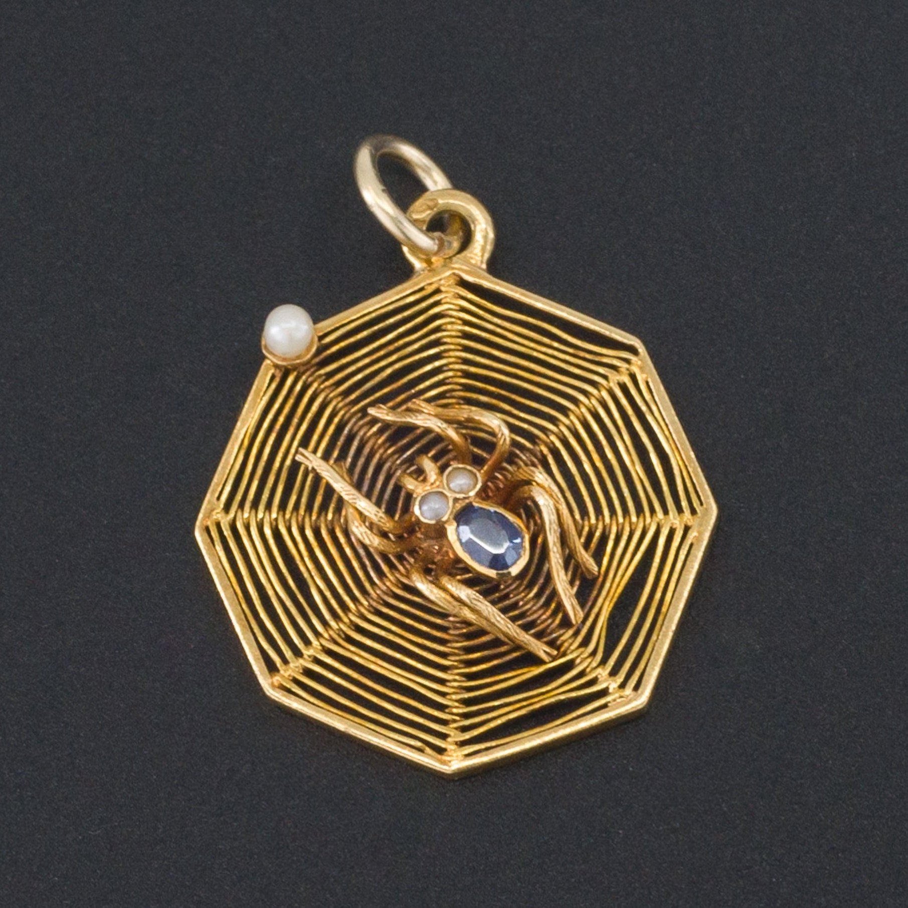 Vintage Spider on Web | 14k Gold Spider Pendant-Trademark Antiques