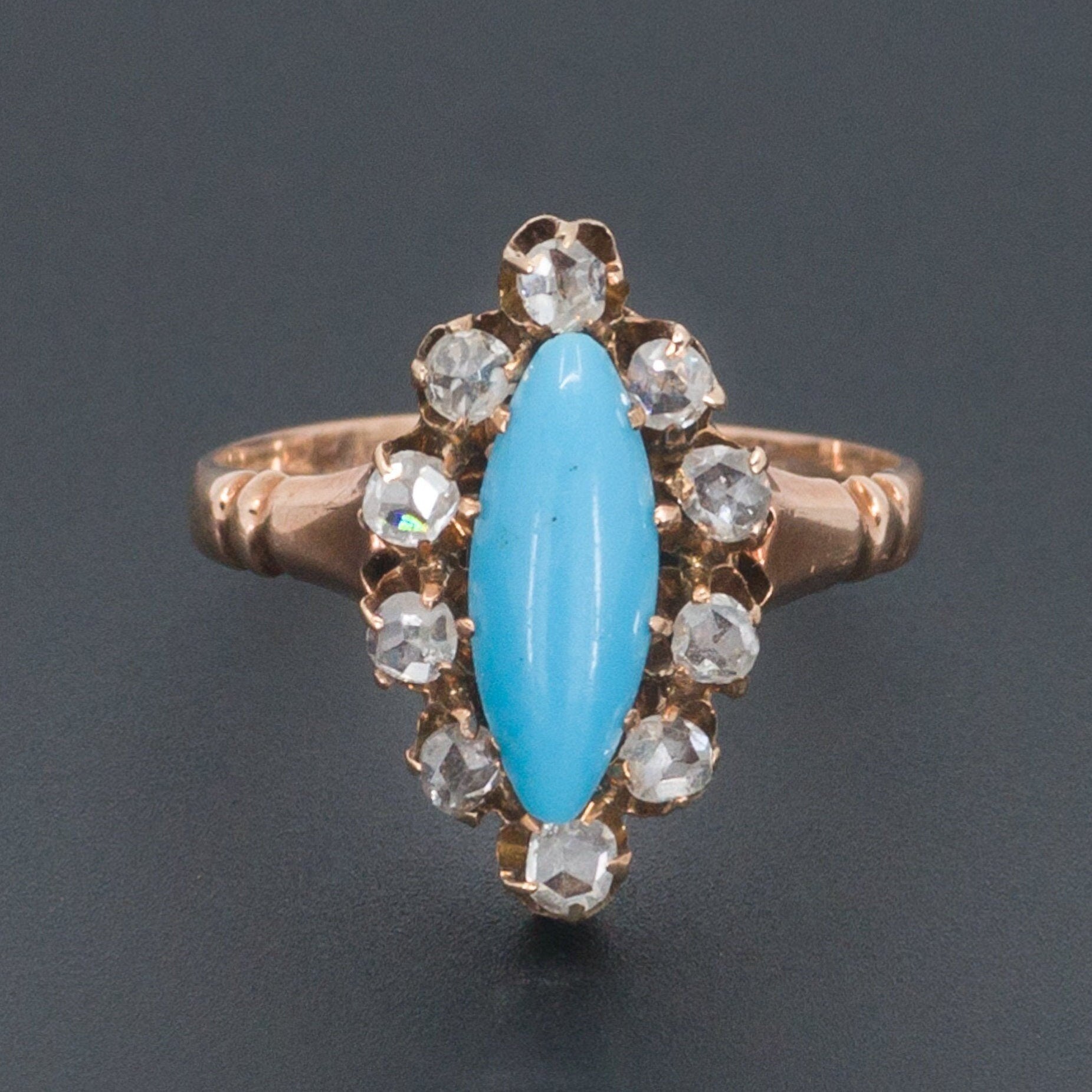 Antique Turquoise Glass & Diamond Ring | Antique 14k Gold Navette Ring 