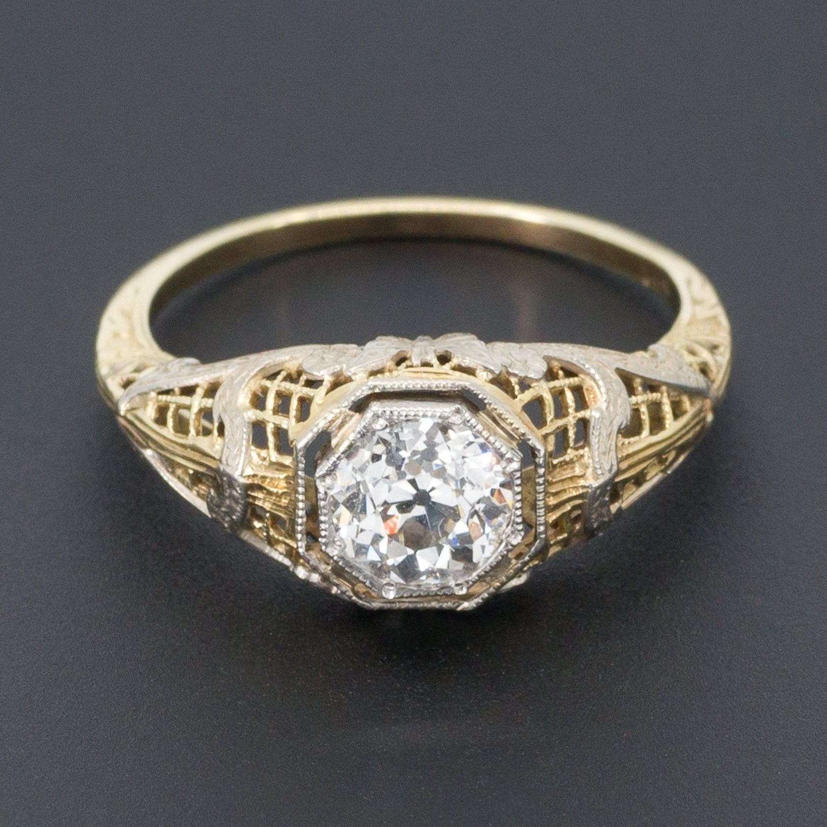 Vintage Engagement Ring | Butterfly Engagement Ring | Filigree Diamond Ring | Yellow & White Gold Filigree Ring