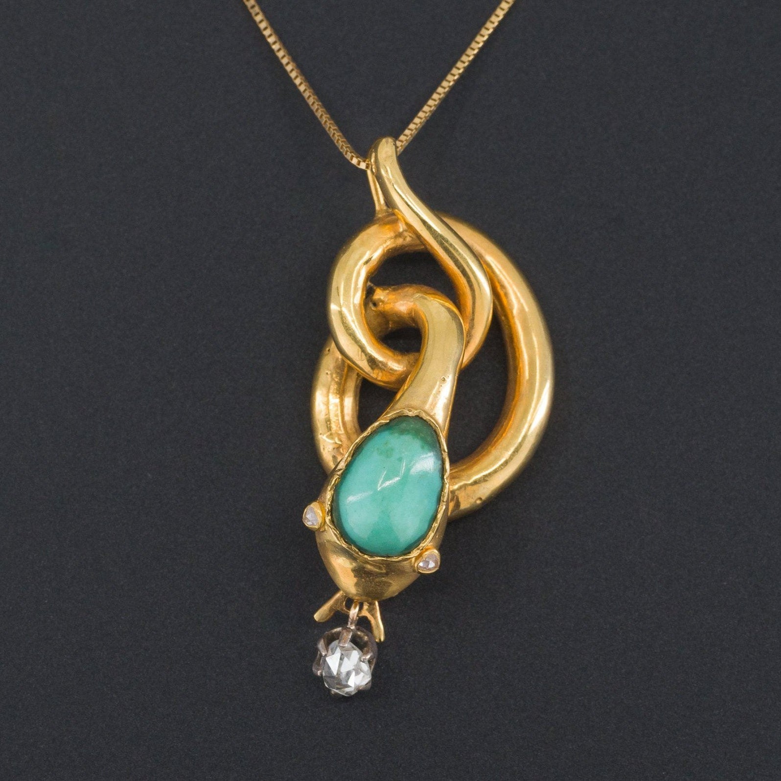 Antique Snake Pendant | 14k Gold Turquoise & Diamond Snake-Trademark Antiques