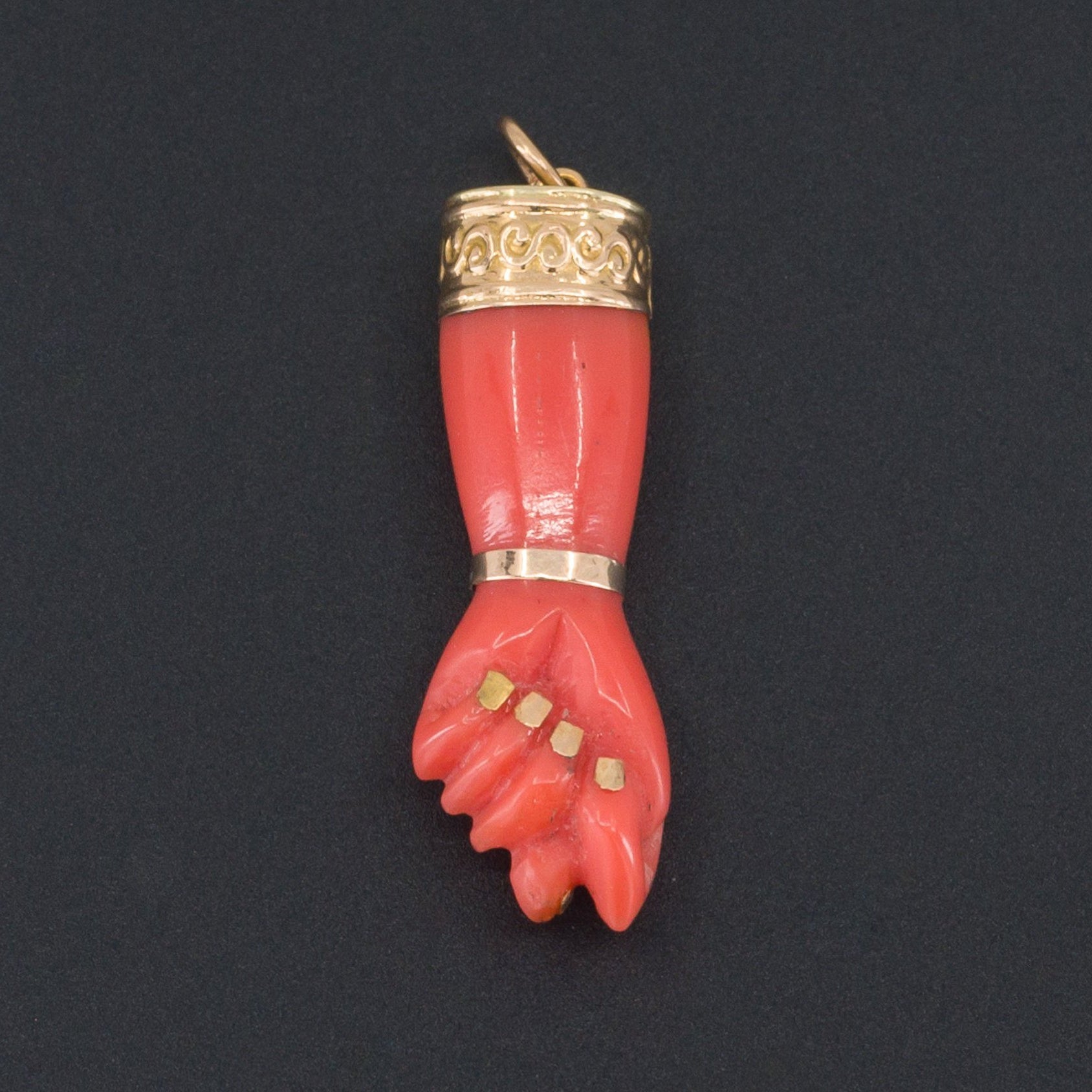 Vintage Figa Charm | Reconstituted Coral Charm with Gold Cap and Nails-Trademark Antiques