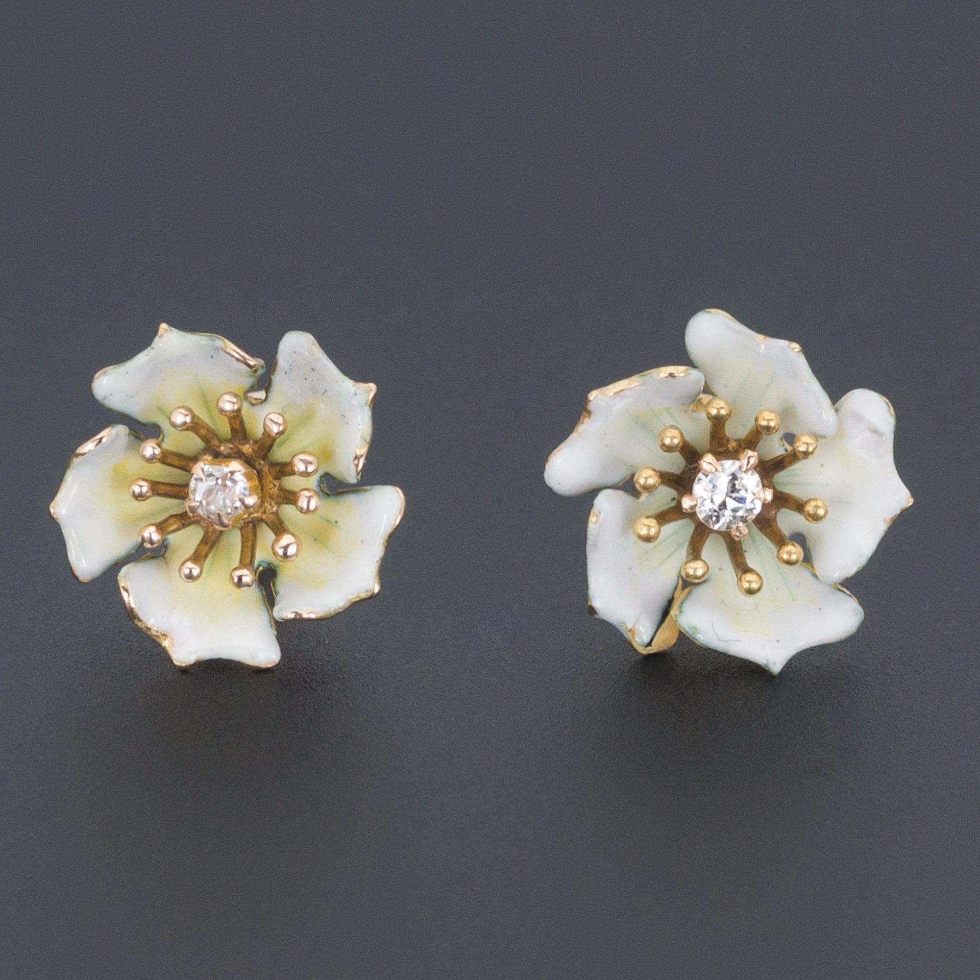 Flower Earrings | White Enamel Flower Earrings | Antique Flower Earrings | Dog Rose Earrings | Diamond Flower Earrings | Pin Conversion