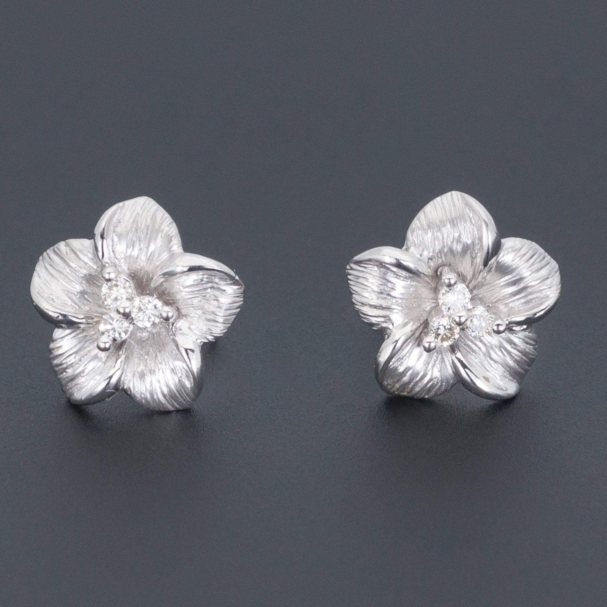 White Gold Flower Earrings | Vintage Diamond Flower Earrings | 14k White Gold Earrings | Diamond Earrings