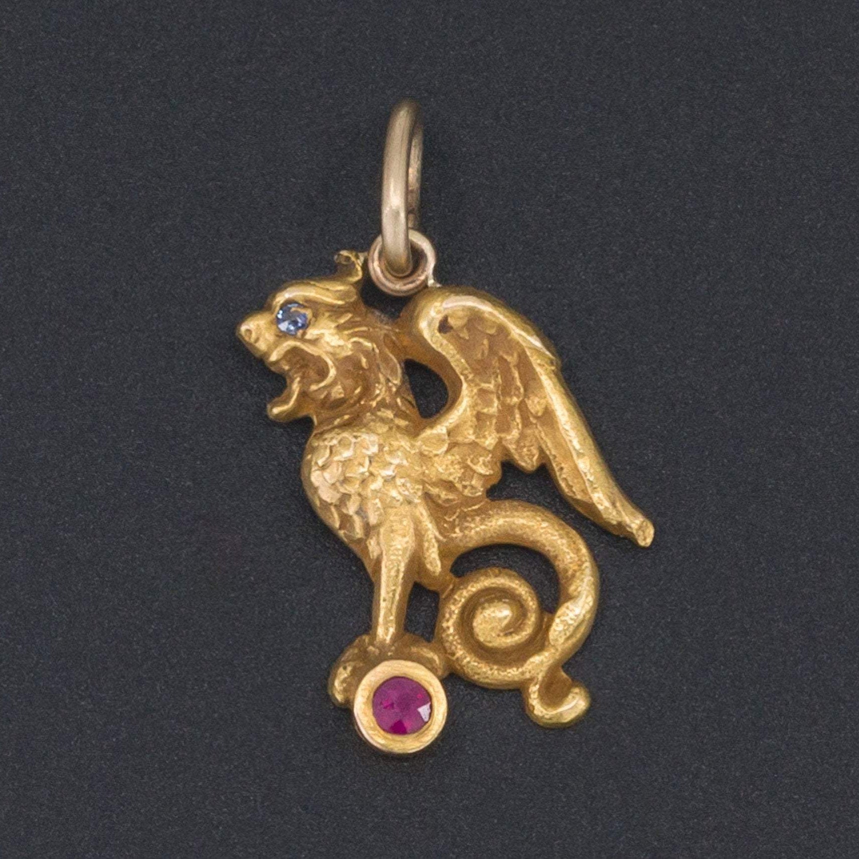 Art Nouveau Griffin Charm | Antique Pin Conversion | Riker Brothers Charm | 14k Gold Griffin Charm with Ruby and Sapphire | 14k Gold Charm