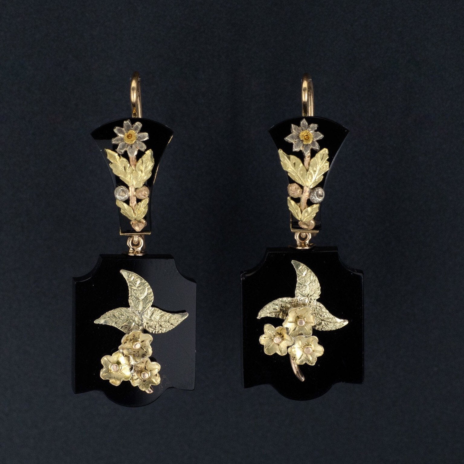 Antique Onyx Earrings | Antique Gold Flower Earrings 