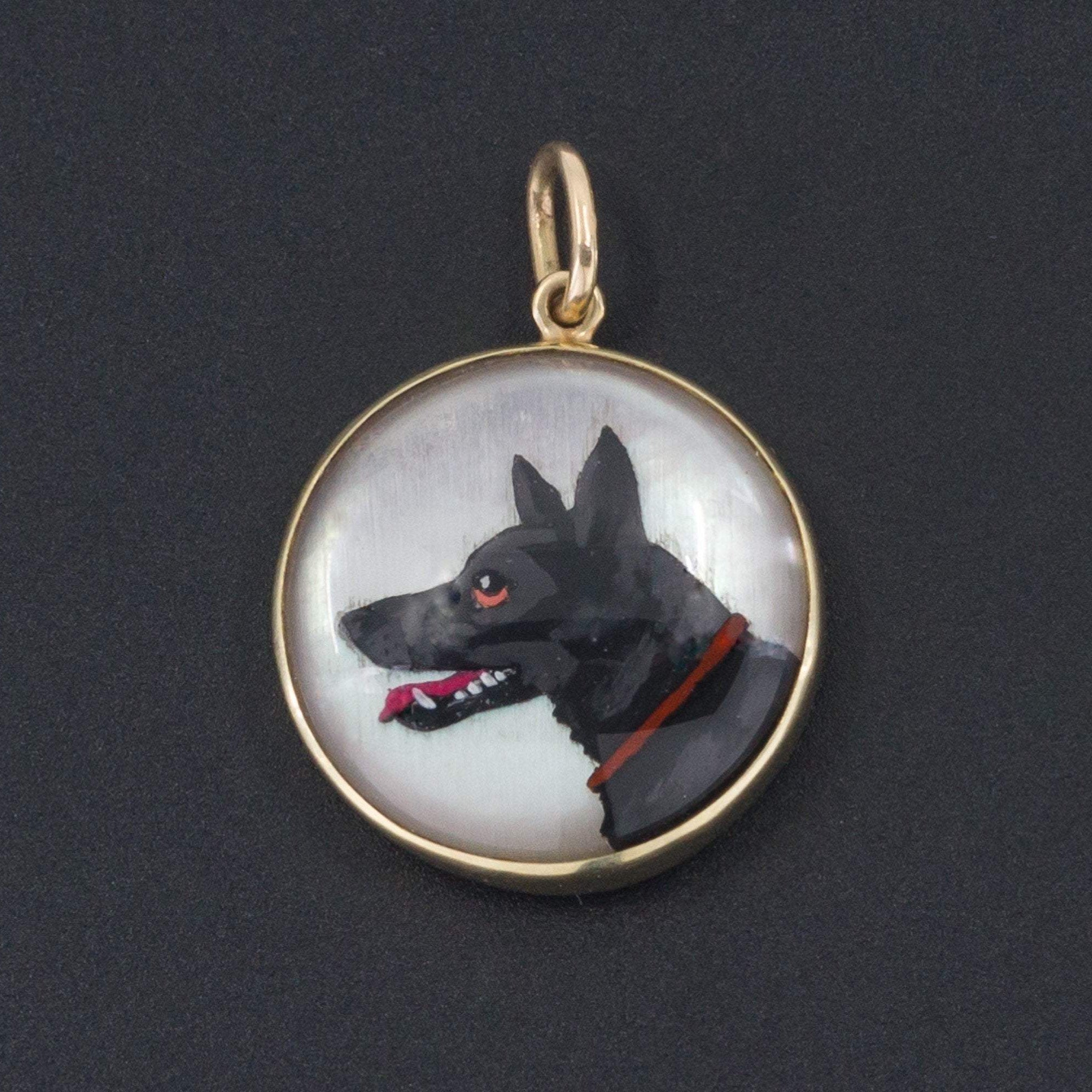 German Shepherd Charm | Antique Reverse Painted Crystal Dog Charm | Black Dog Charm | Cufflink Conversion | 14k Gold Dog Charm