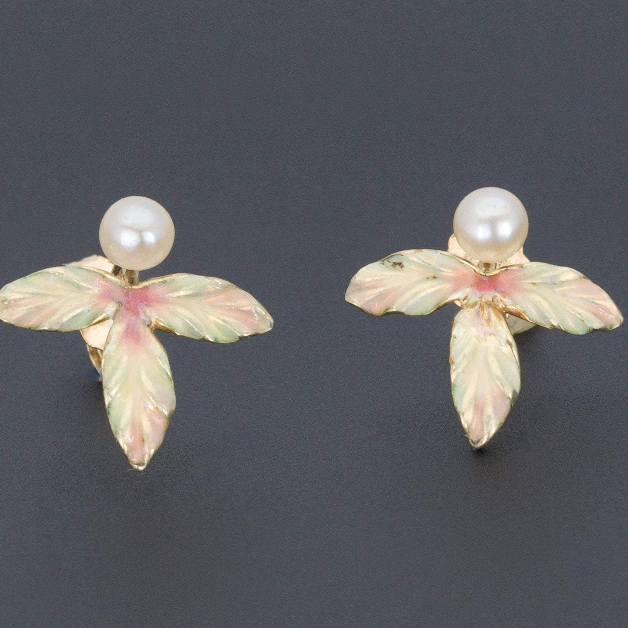 Enamel Leaf Earrings | Antique Pin Conversion | Enamel & Pearl Earrings | 14k Gold Earrings