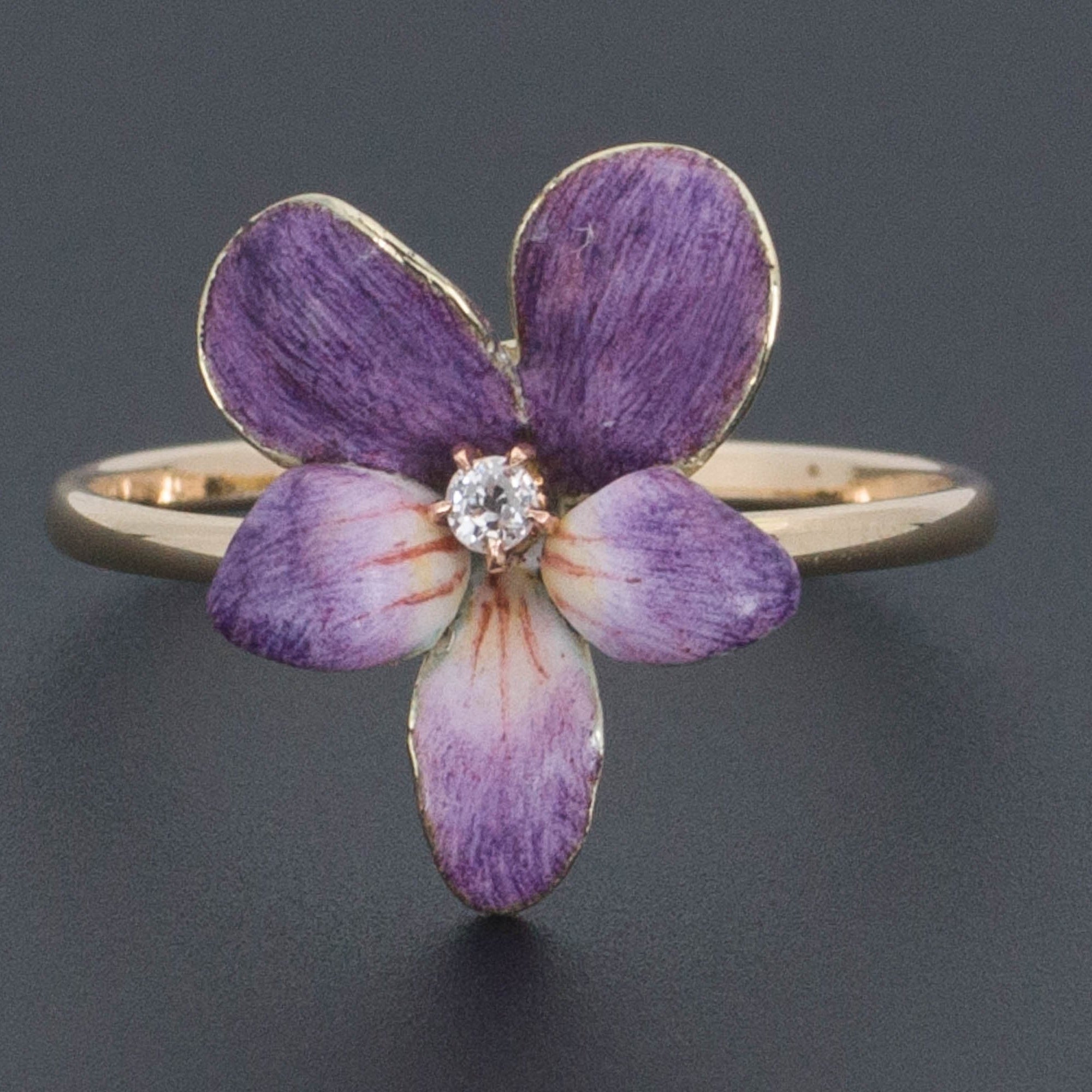 Enamel Violet Ring | 14k Gold Flower Ring-Trademark Antiques