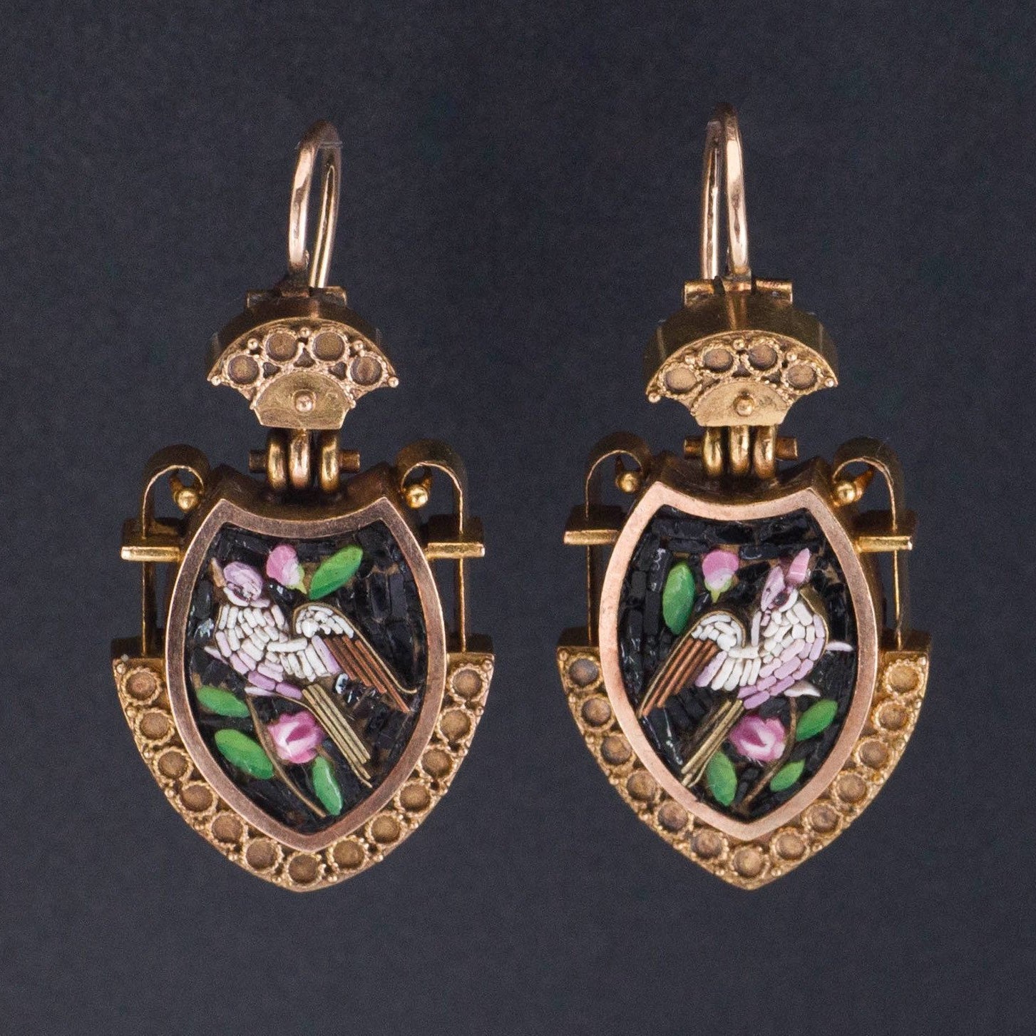 14k Gold Dove Earrings | Pietra Dura Earrings-Trademark Antiques