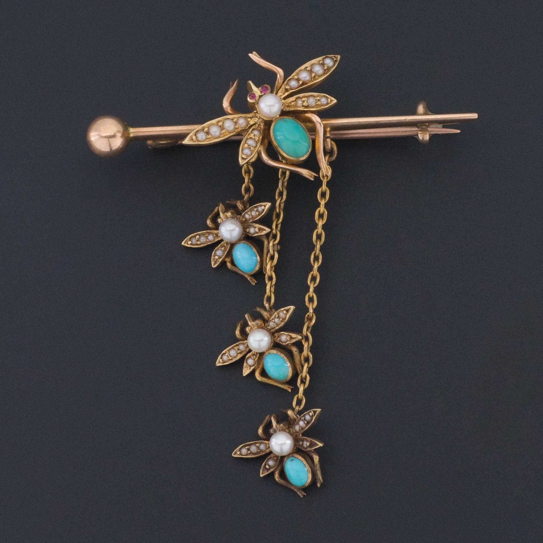 Antique Turquoise and Pearl Insect Pin | 14k Gold Insect Brooch 