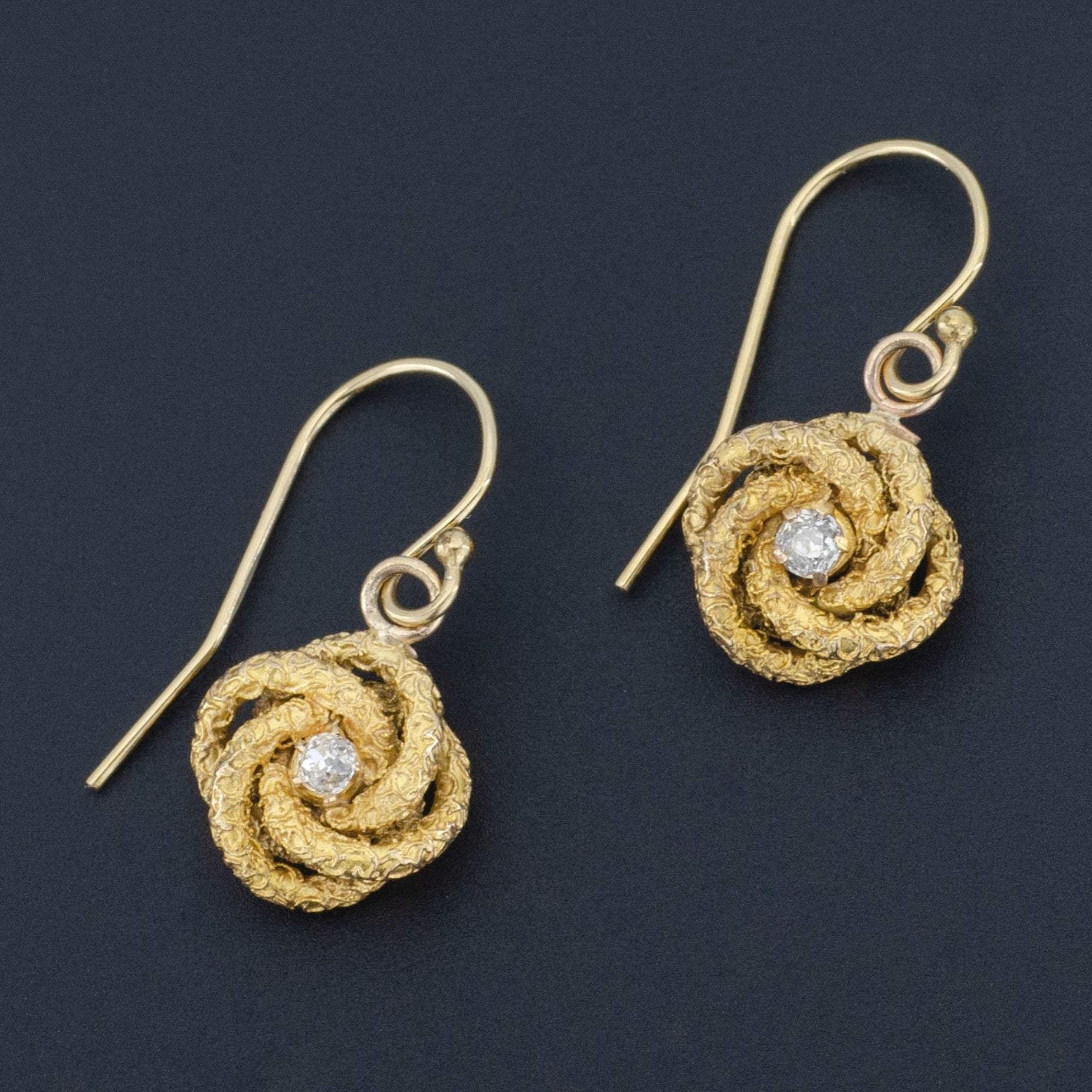 Love Knot Earrings | Antique Love Knot Earrings | 14k Gold Earrings | Gold & Diamond Earrings | Romantic Jewelry