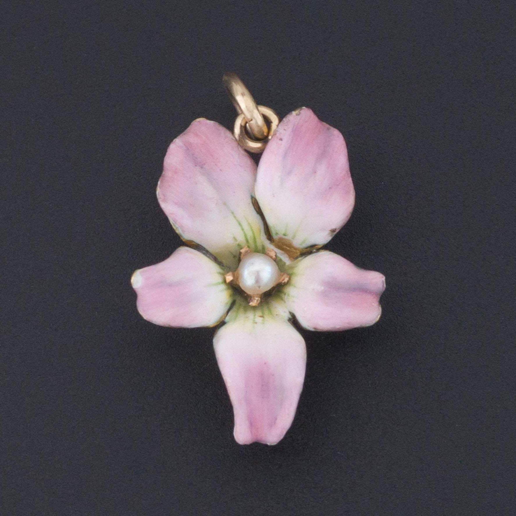 Violet Charm | Antique Pin Conversion | Pink Enamel Violet with Pearl | 14k Gold Charm | Antique Enamel Flower Charm