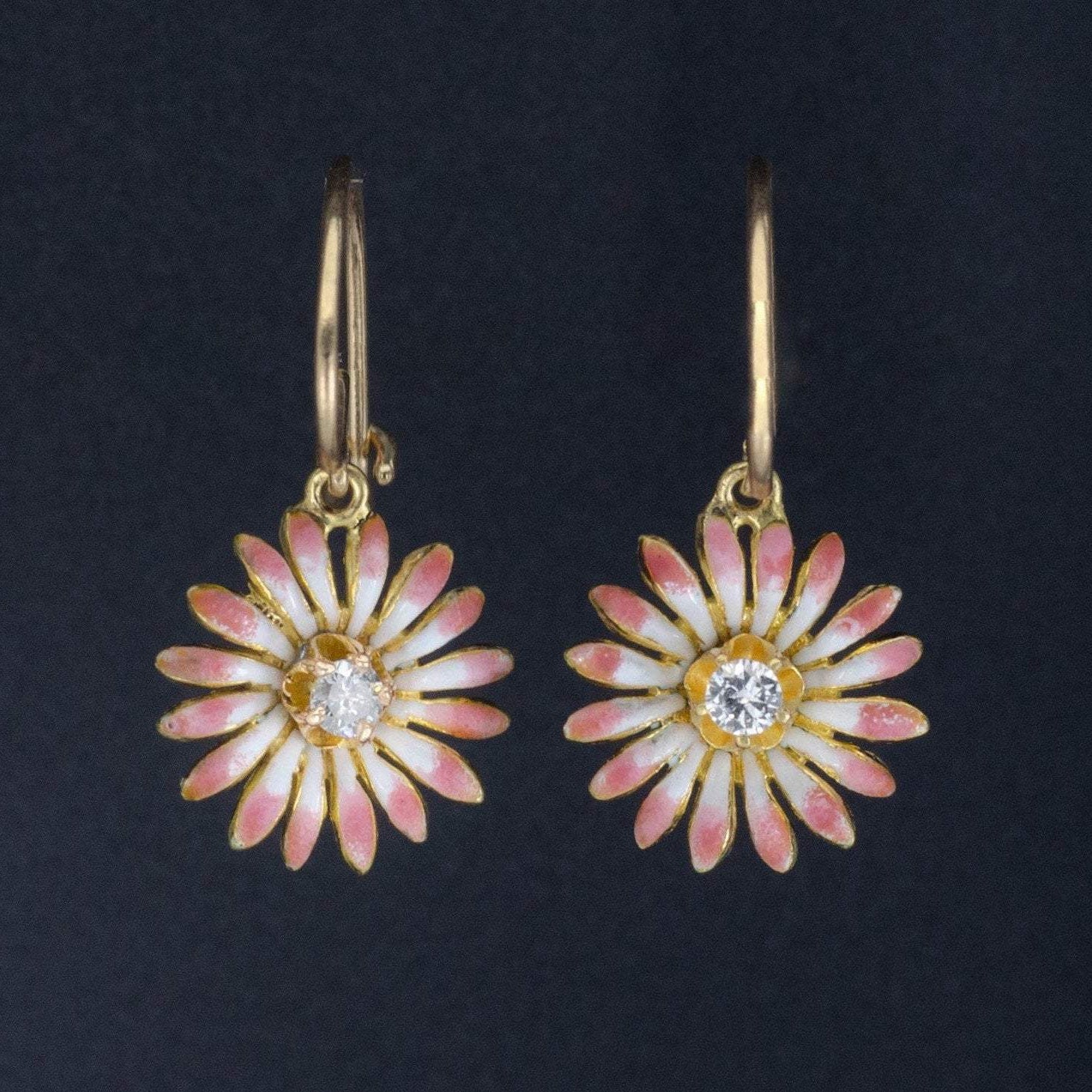 Antique Diamond Flower Earrings | 14k Gold & Pink Enamel Flower Earrings | Flower Earrings | 14k Gold Earrings