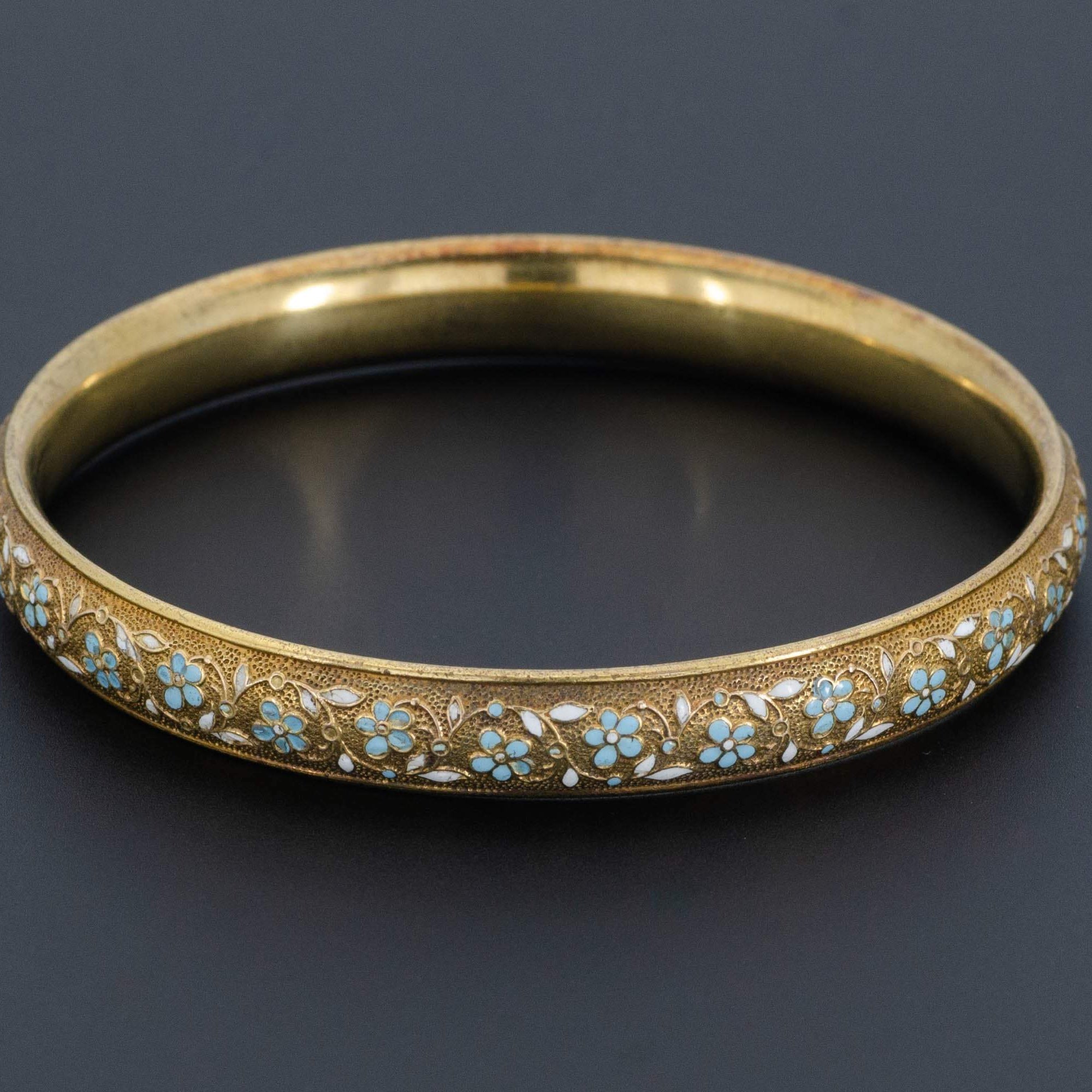 Antique Gold Bangle | 14k Gold Bangle Bracelet by Krementz | Gold & Enamel Forget-me-not Flower Bangle Bracelet