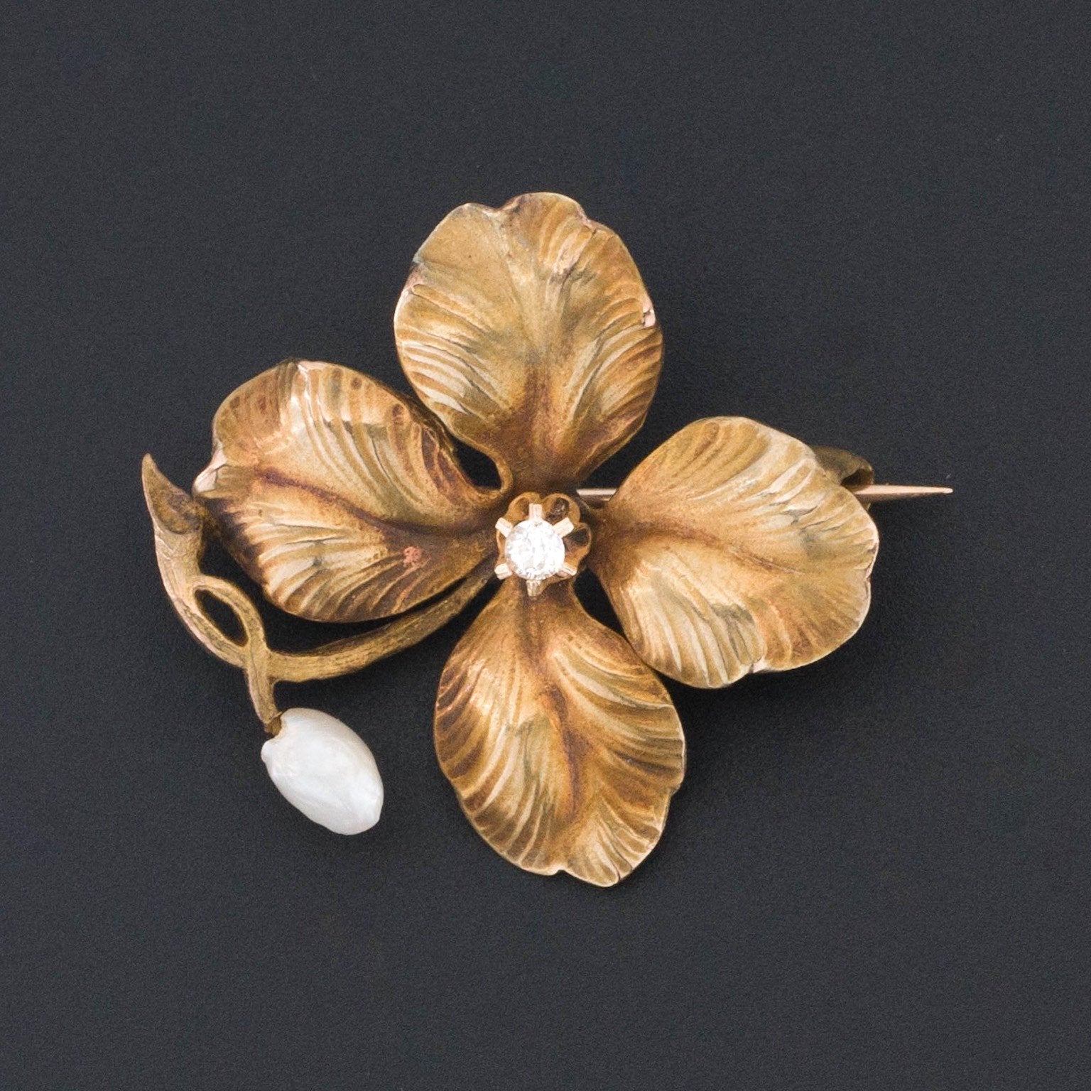 Clover Brooch | 14k Gold Clover Brooch | Antique Brooch | 14k Gold Pearl & Diamond | Lucky Charm