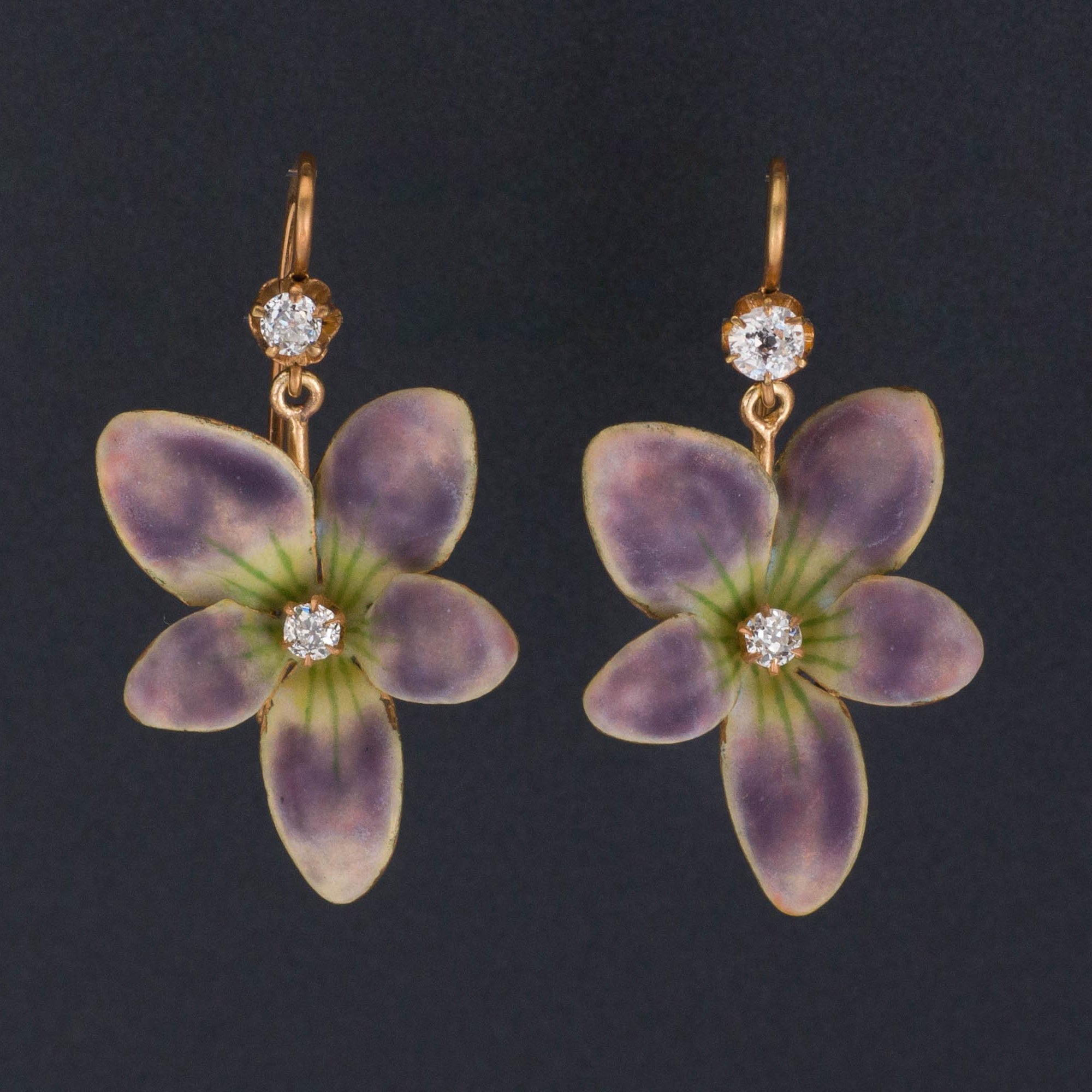 Violet Earrings | 14k Enamel Flower Earrings | Antique Violet Earrings with Diamonds | Antique Pin Conversion Earrings