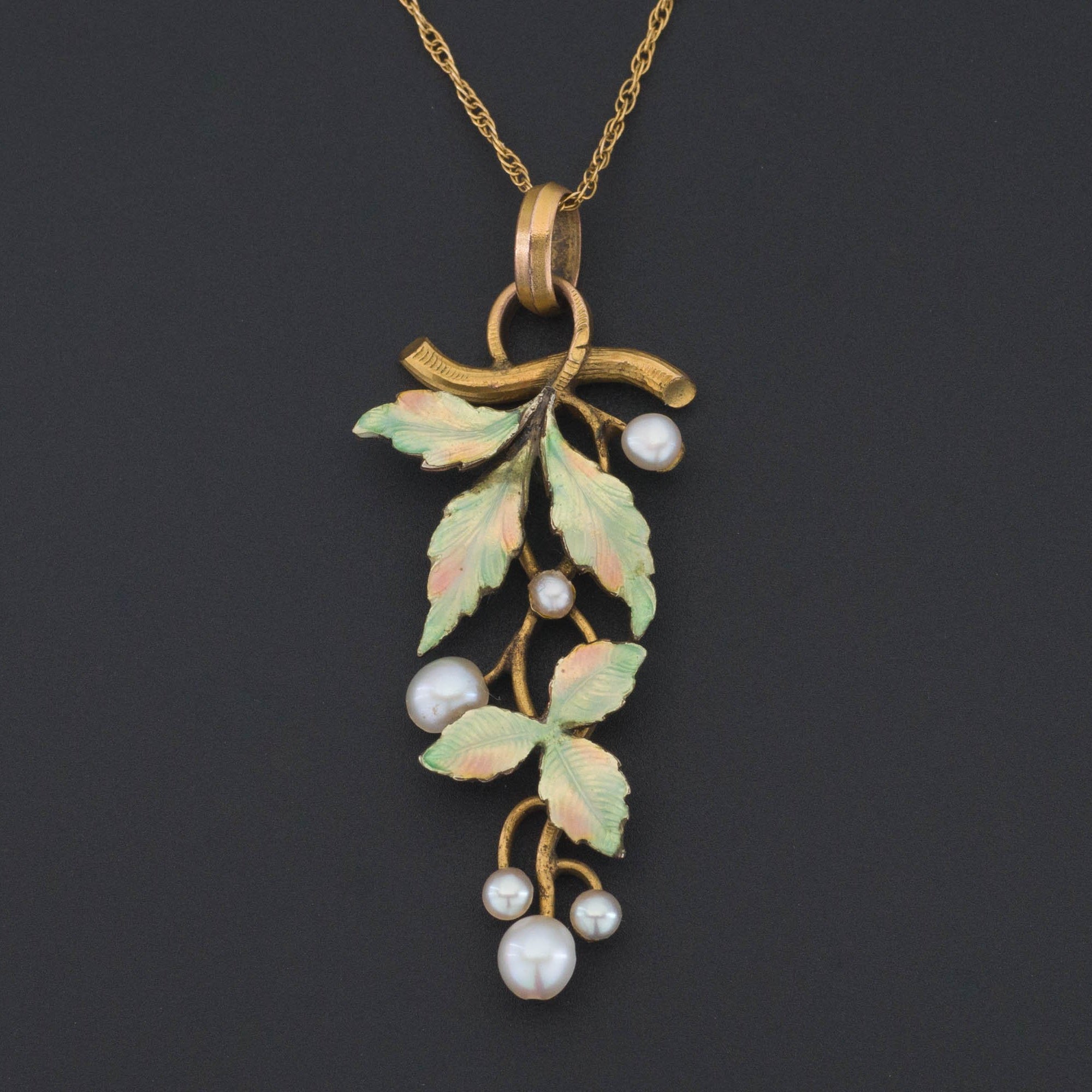 Enamel Leaves Pendant |  Enamel & Pearl Pendant | Gold Filled Pendant on Optional 14k Gold Chain