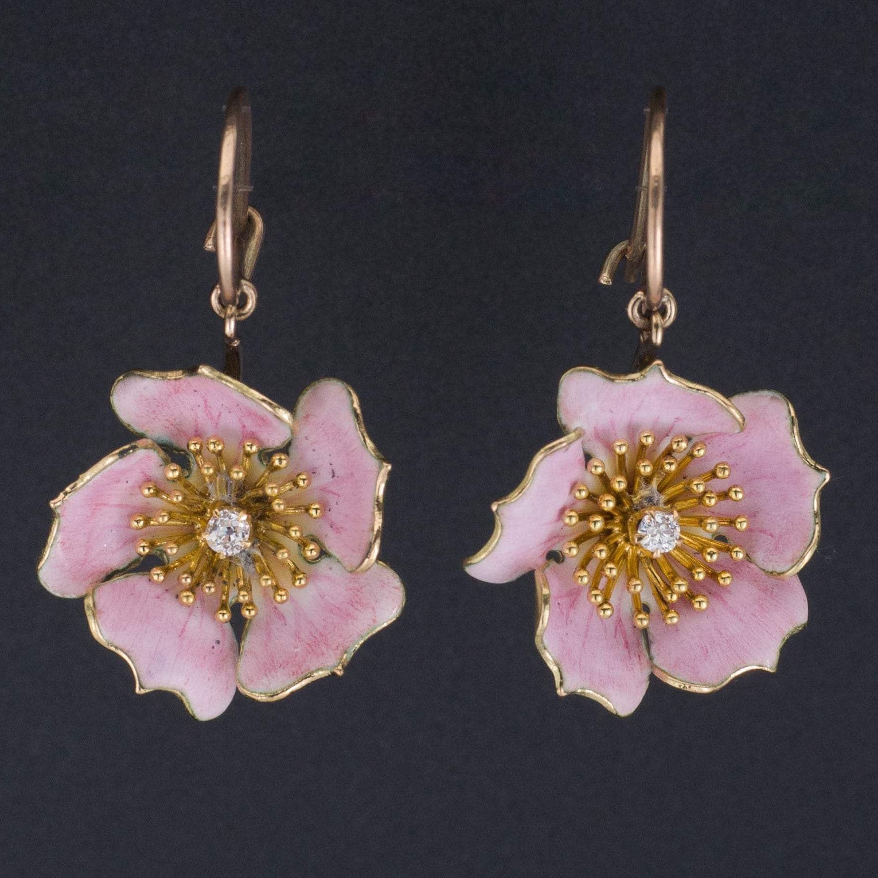 Antique Diamond Flower Earrings | Pink Enamel Flower Earrings 