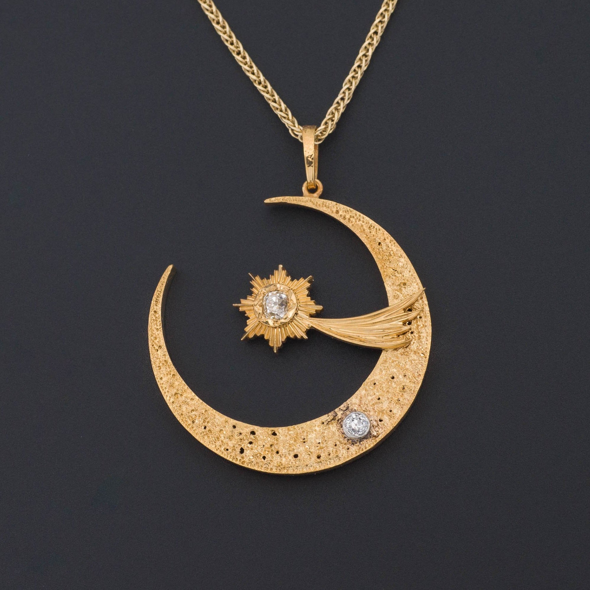 Crescent Moon & Shooting Star Pendant | Antique Crescent Moon Pendant | 18k Gold Pendant on Optional 14k Chain