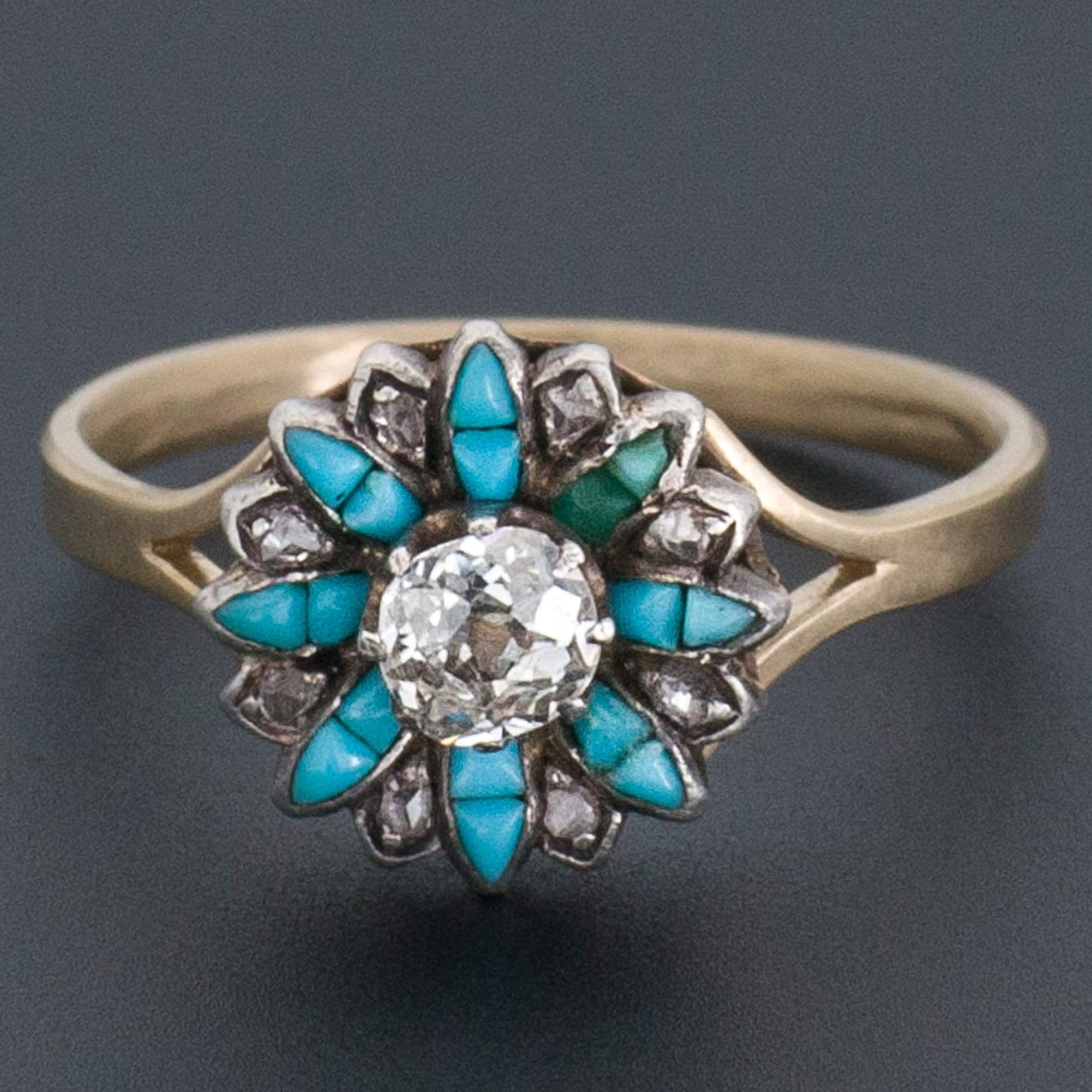Antique Turquoise & Diamond Ring | 14k Gold Ring 