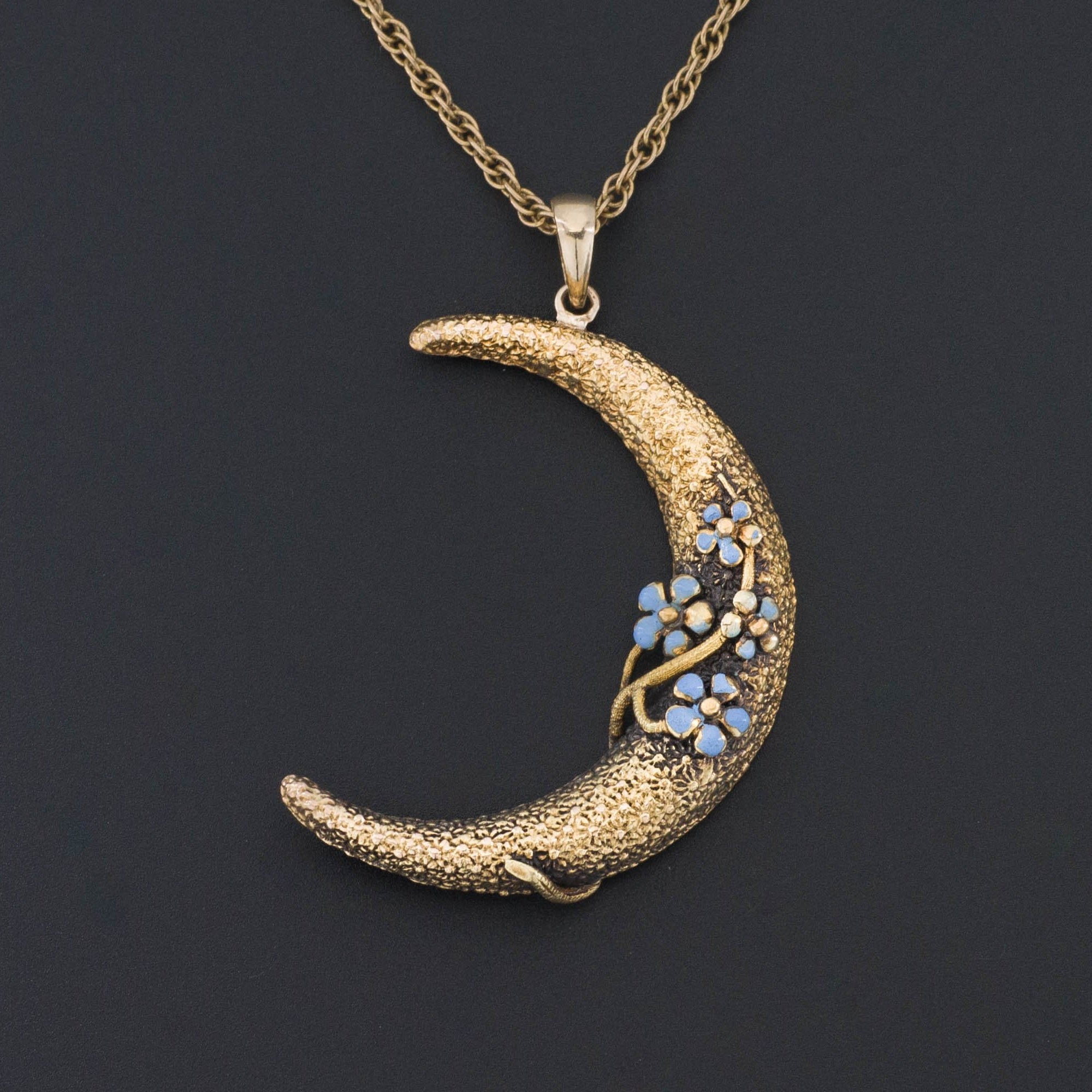 14k Gold Crescent Moon | Forget-me-not Crescent Pendant-Trademark Antiques