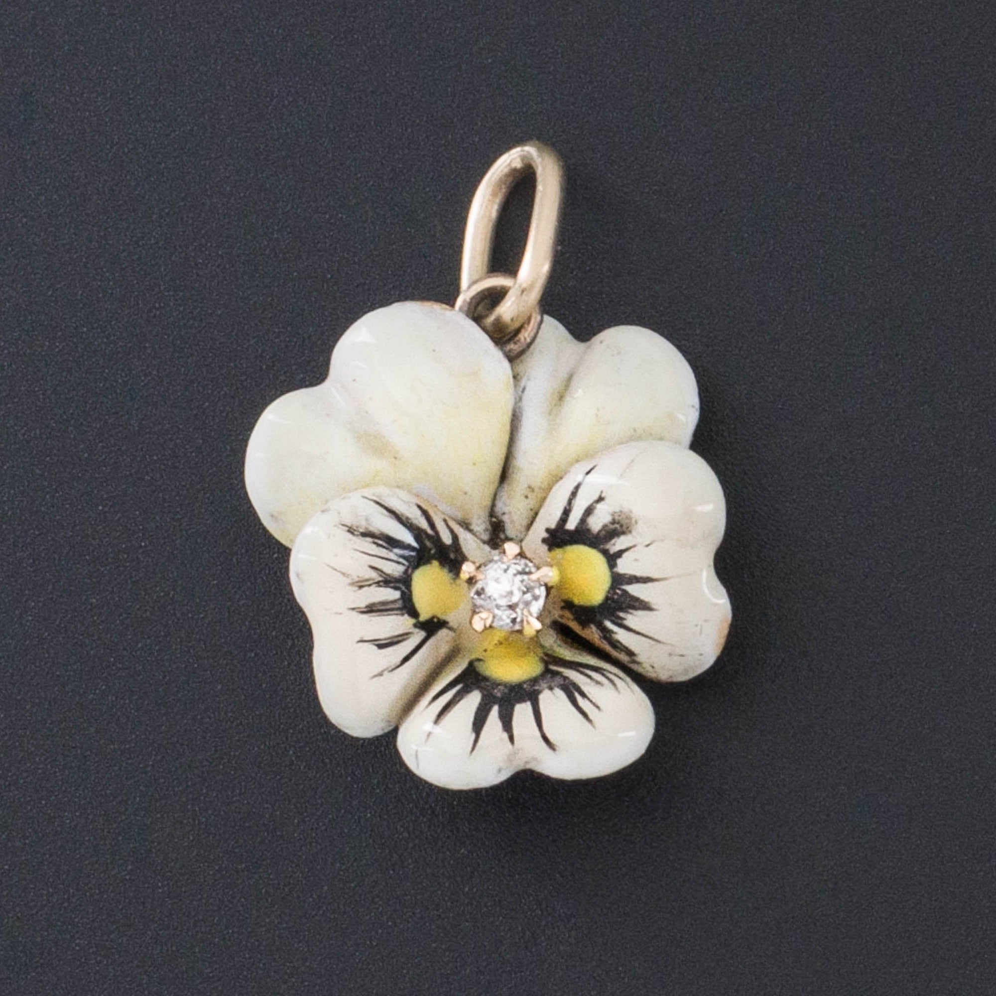 Pansy Charm | Antique Enamel Flower Charm | 14k Gold Charm | White Enamel Pansy Charm | Antique Pin Conversion