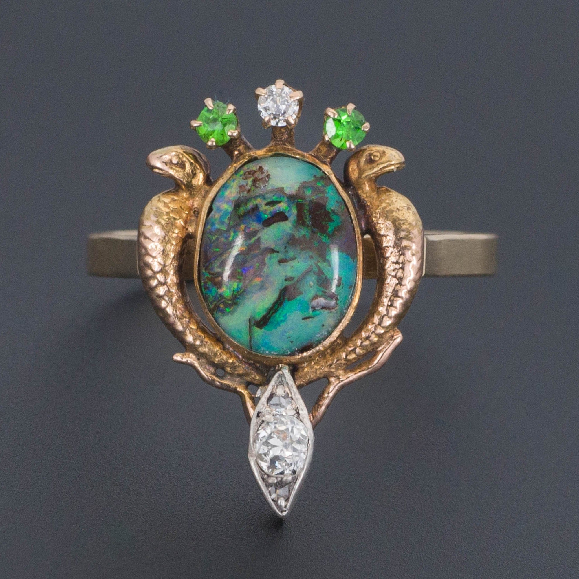 Boulder Opal Ring | Antique Pin Conversion Ring | Egyptian Revival Ring with Diamonds Demantoid Garnets & Opal