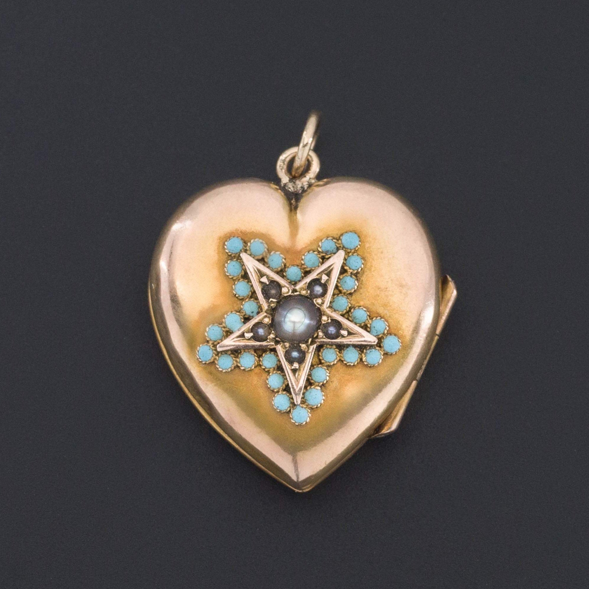 Heart Locket | Antique Heart Locket | 10k Gold Locket with Turquoise & Pearl Star | Antique Heart Locket
