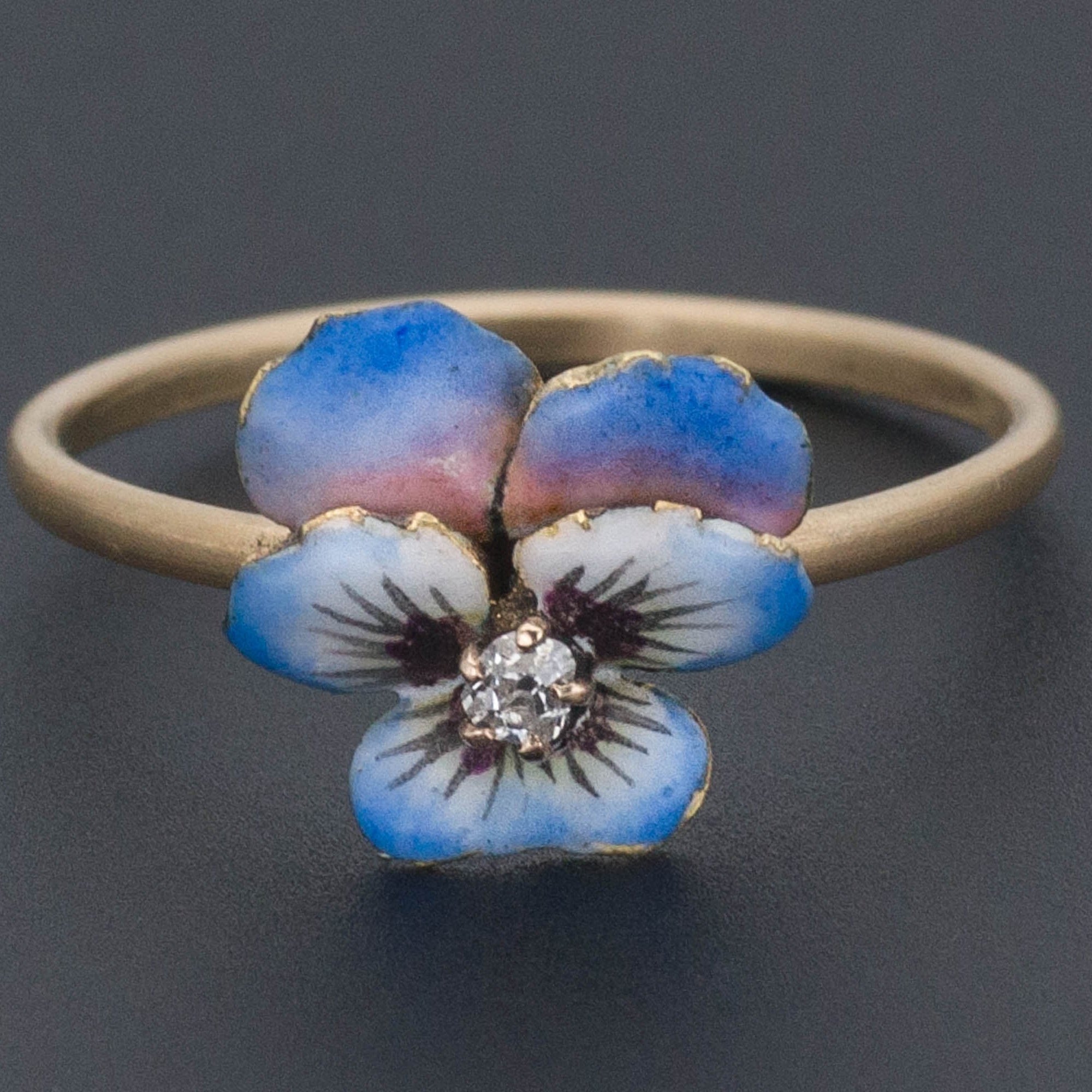 Pansy Ring | 14k Gold & Blue Enamel Pansy Ring | Antique Pin Conversion Ring | 14k Gold Flower Ring | Diamond Flower Ring