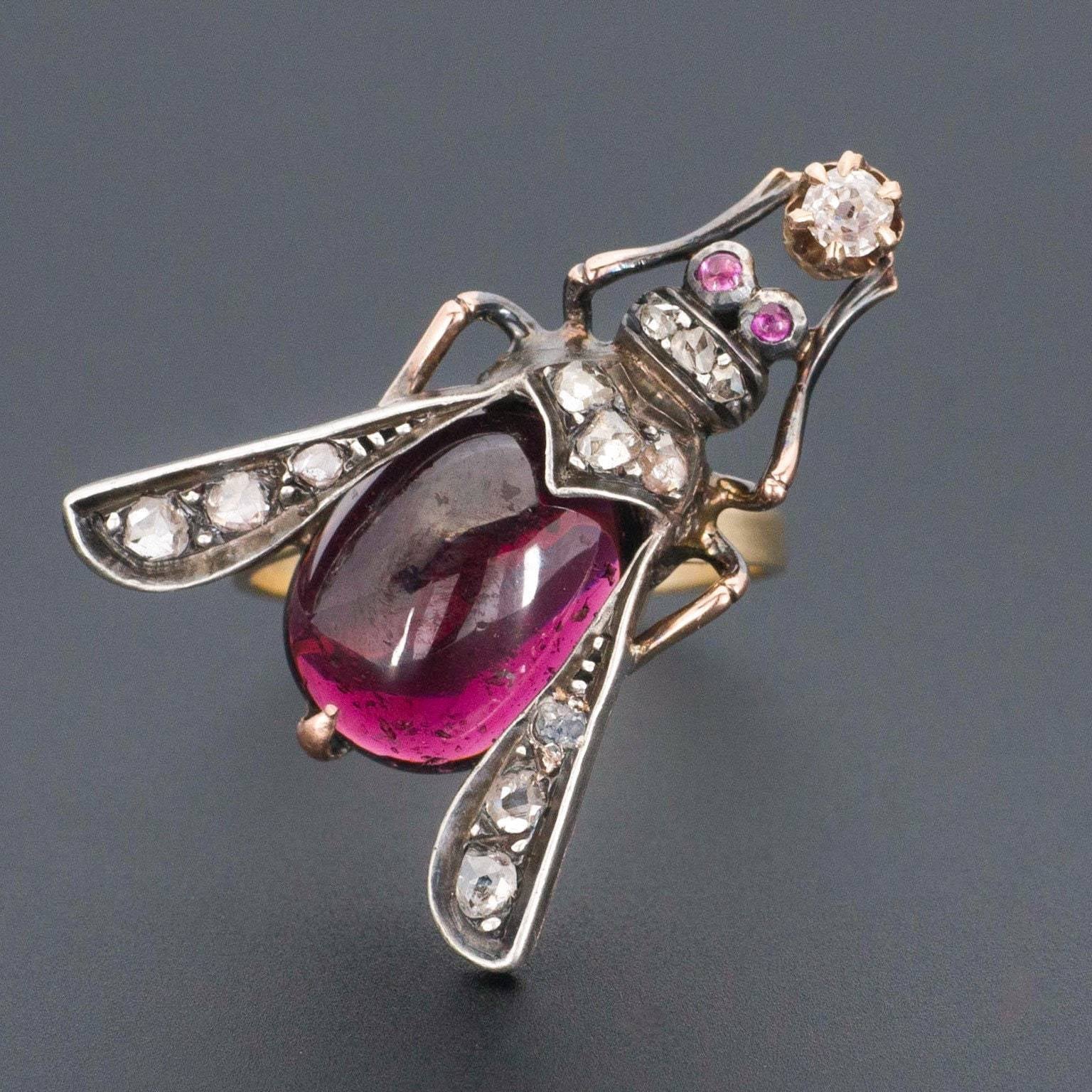 Garnet & Diamond Ring | Antique Bug or Insect Ring 