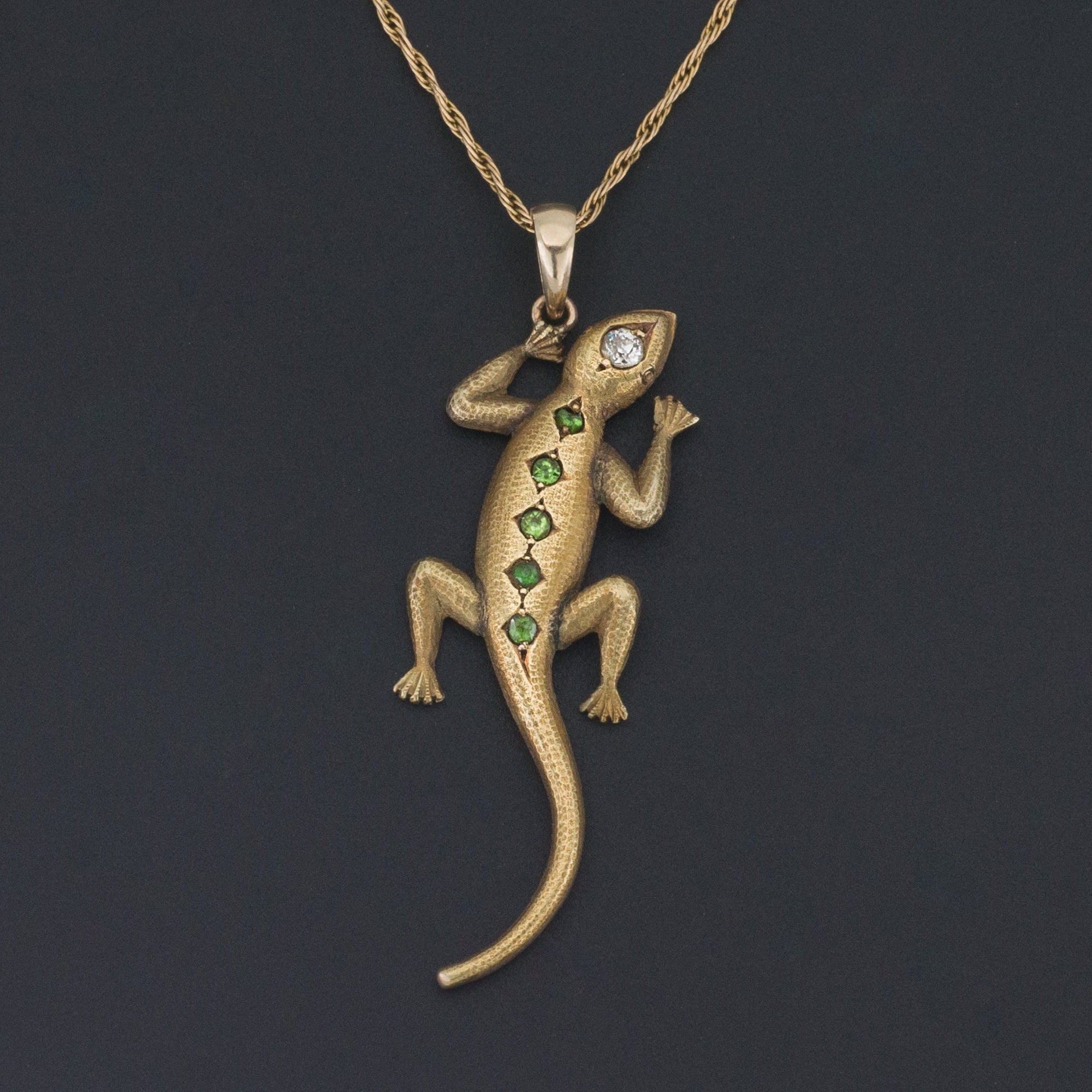 Lizard Pendant | 14k Gold Demantoid Garnet & Diamond | Antique Pin Conversion | Antique Lizard