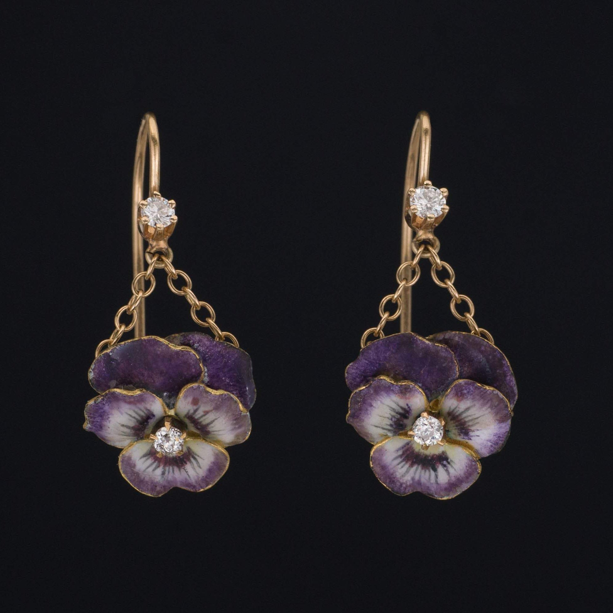 14k Gold & Enamel Pansy Earrings | Antique Conversion Earrings | 14k Gold Flower Earrings | Diamond Flower Earrings | 14k Pansy Earrings