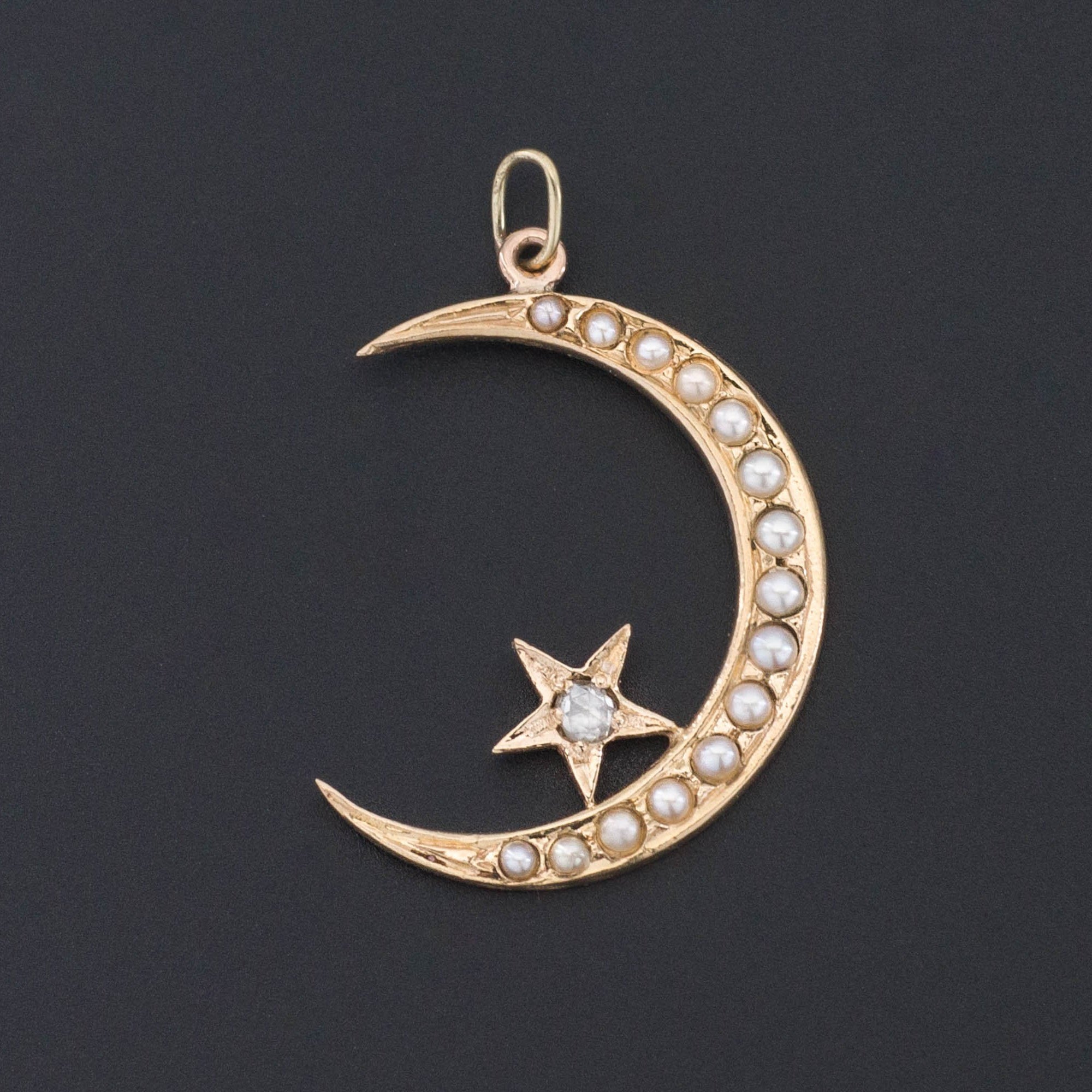 Crescent Moon Pendant | Antique Crescent & Star Pendant | 14k Gold and Pearl Pendant | Pin Conversion | 14k Gold Pendant